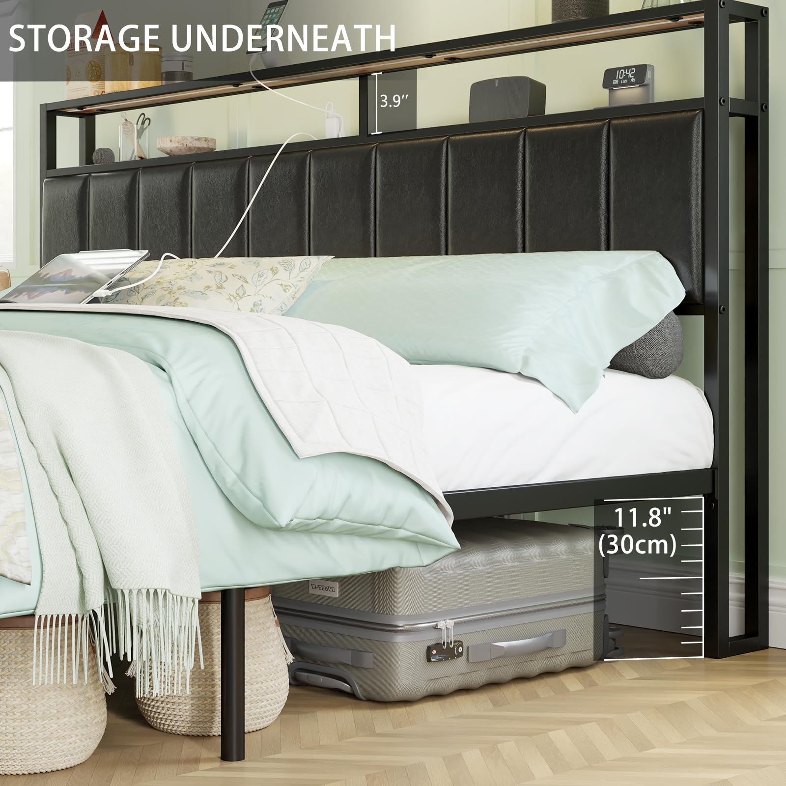 AMERLIFE LED King Size Bed Frame with Storage Drawers - 2-Tier Platform Bed with Leather Upholstered Headboard & USB Charging Station | No Box Spring Required | Quiet & Easy Assembly | Black | Perfect for Modern Bedrooms & Small Space Storage Solutions