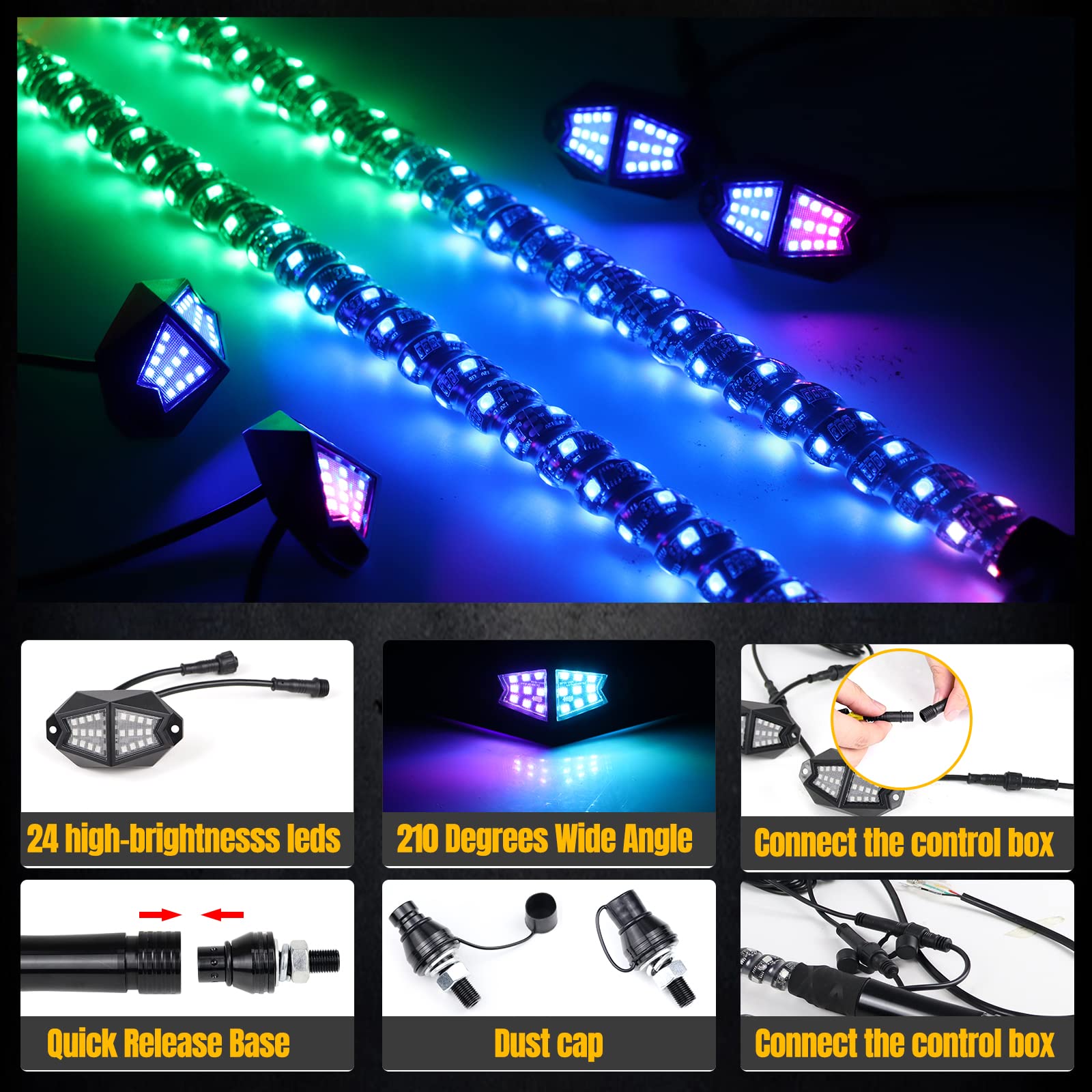 2PCS 3FT UTV Whip Lights & 4Pods Rock Lights Combo with APP & Remote Control - RGB Color Changing Off-Road Warning Light Kit for ATV, Jeep, Truck - Perfect for Night Riding, Camping & Off-Road Adventures