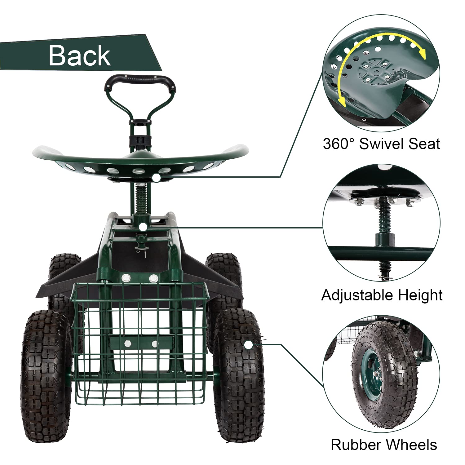 Heavy-Duty Garden Cart with Swivel Seat & Wheels - Foldable Gardening Wagon with Extendable Handle & Tool Tray for Planting, Yard Work & Outdoor Use - Perfect for Patio Maintenance, Landscaping & Backyard Projects (Green)