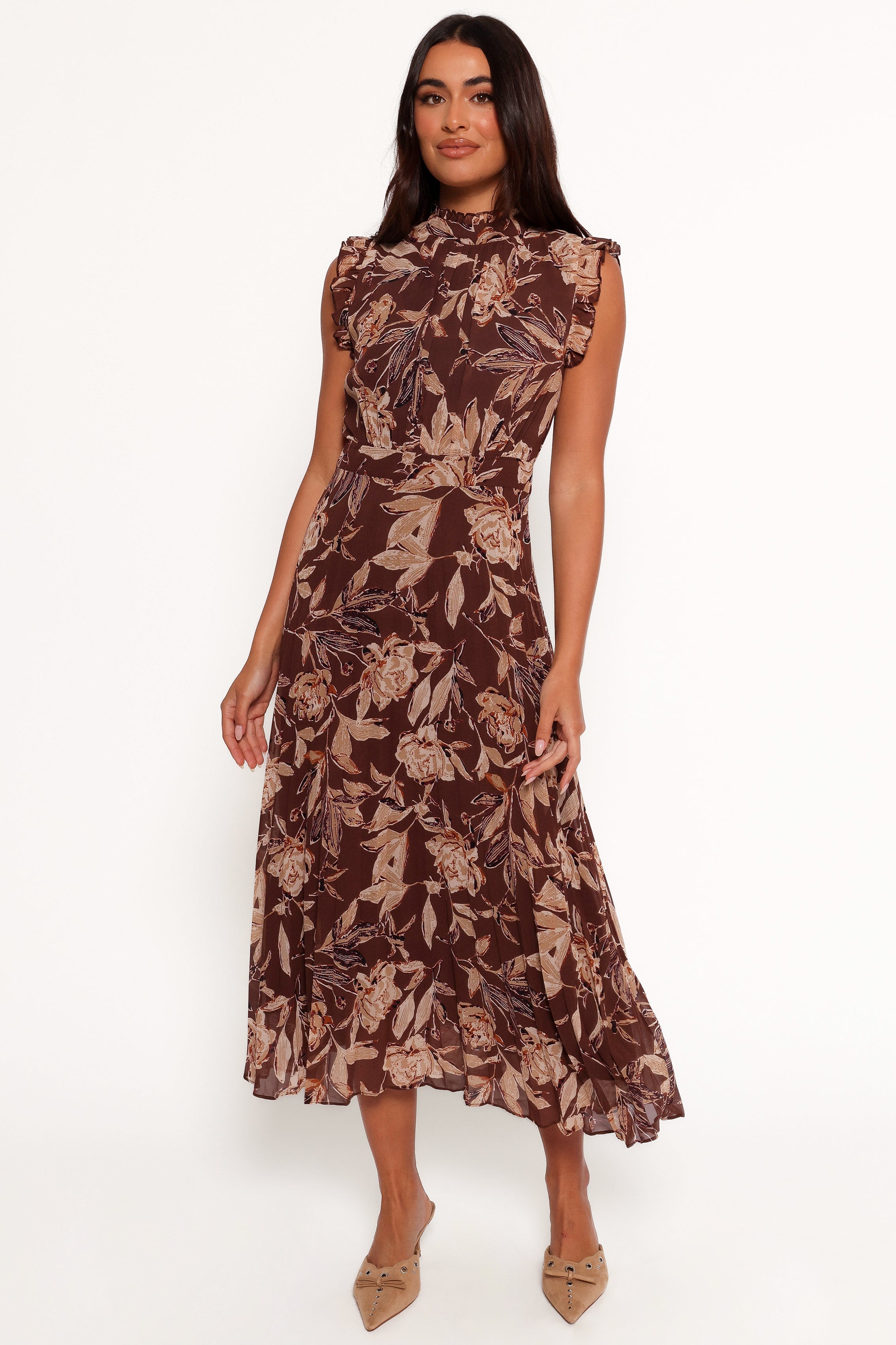 Delphine Maxi Dress - Brown Floral Print Long Summer Dress for Women | Beach Wedding, Vacation, Boho Chic Outfit