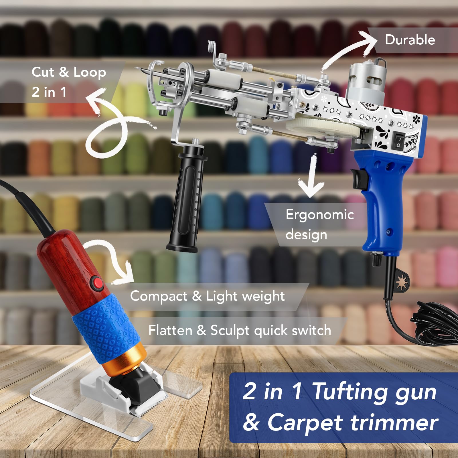 Justuft Rug Tufting Gun Kit - 2 in 1 Carpet Making Machine with Trimmer & Shaver - DIY Rug Punch Needle Tool for Home Decor, Wall Hanging & Craft Projects (Blue)