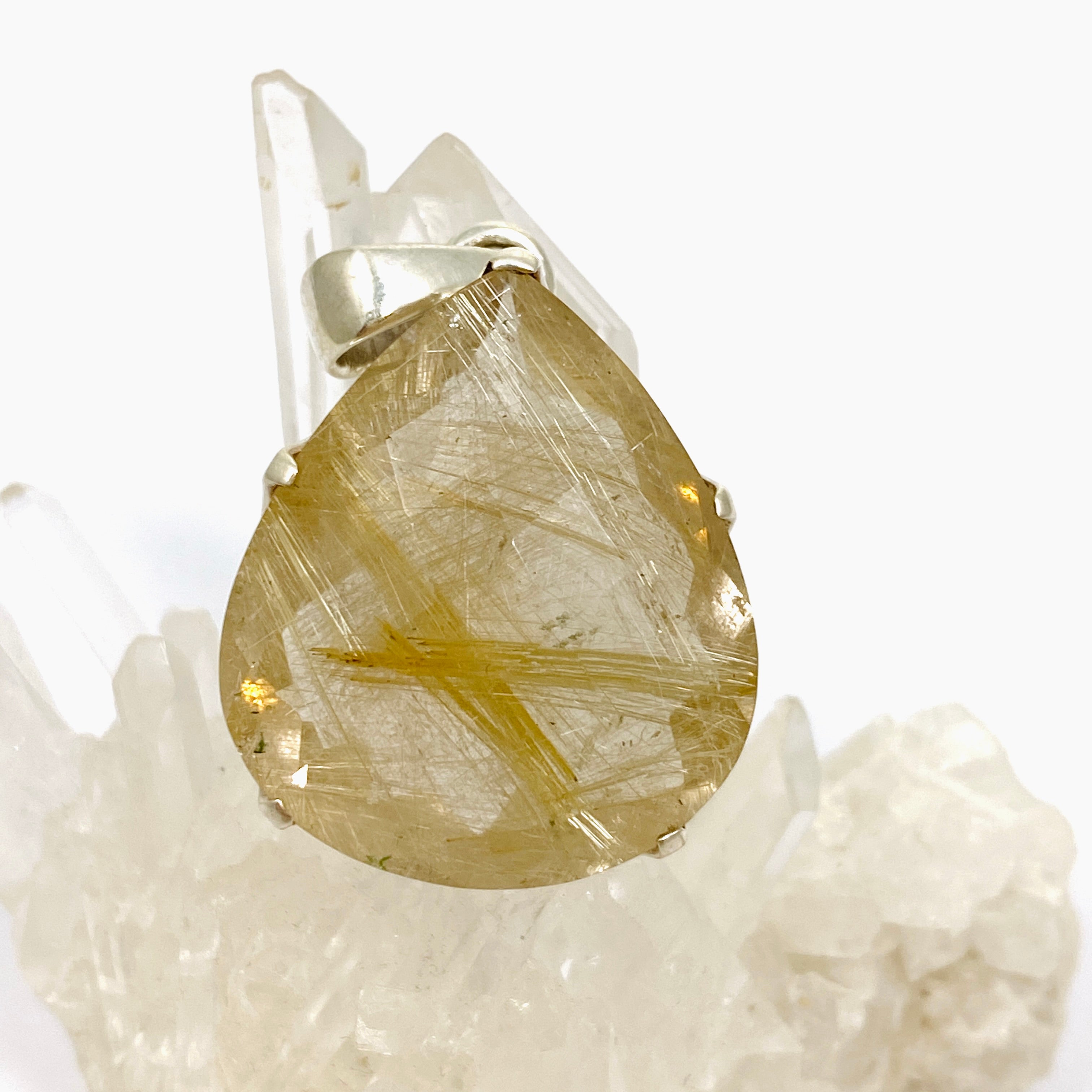 Golden Rutile Quartz Teardrop Faceted Pendant Necklace - Checkerboard Cut Gemstone Jewelry for Women - Perfect for Elegant Evening Wear & Boho Fashion