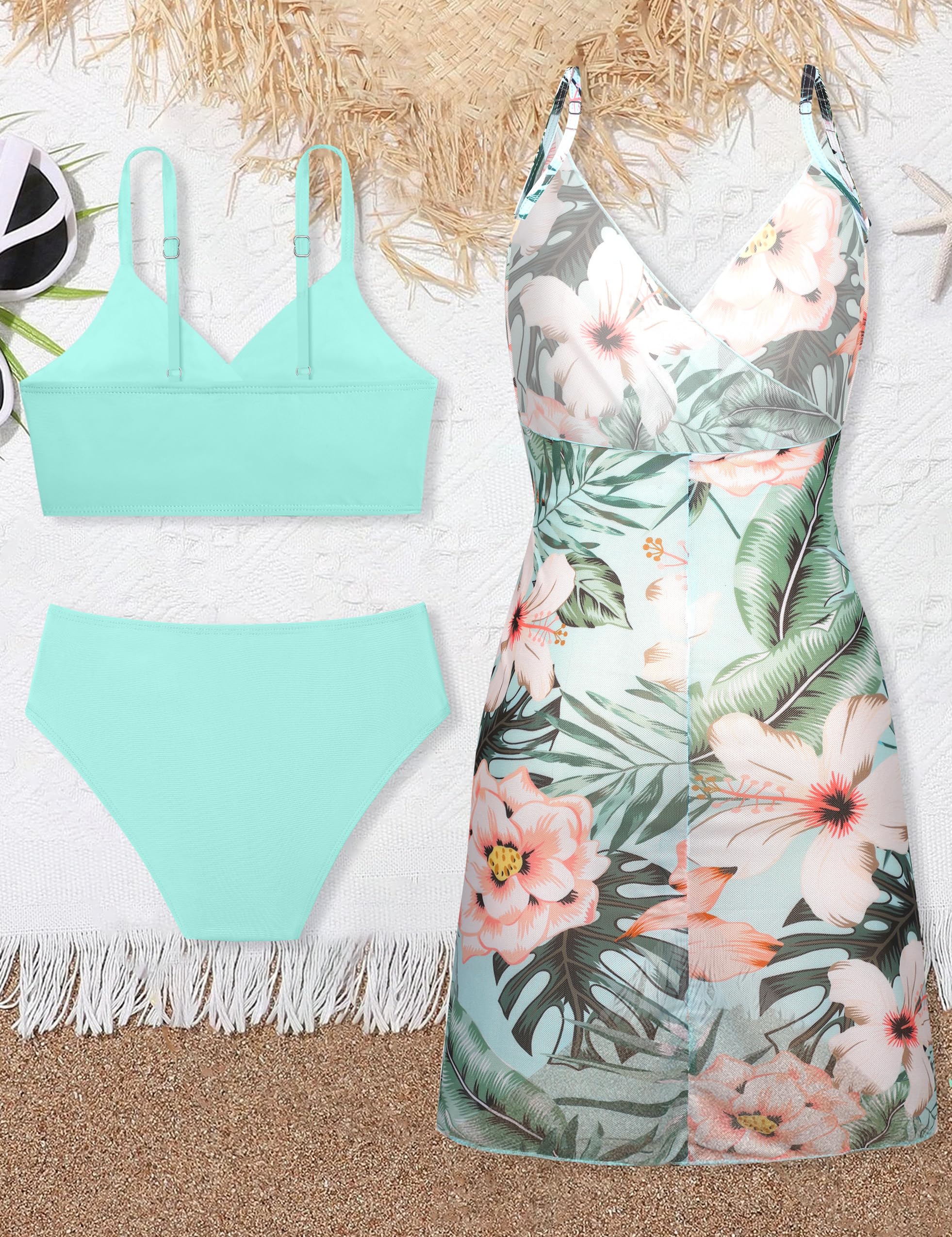3 Piece Girls Swimsuits - Tropical Print Bikini Set with Backless Wrap Dress Cover Up | Twist Cross Design for Beach, Pool & Vacation | Cute Swimwear for Teens & Juniors