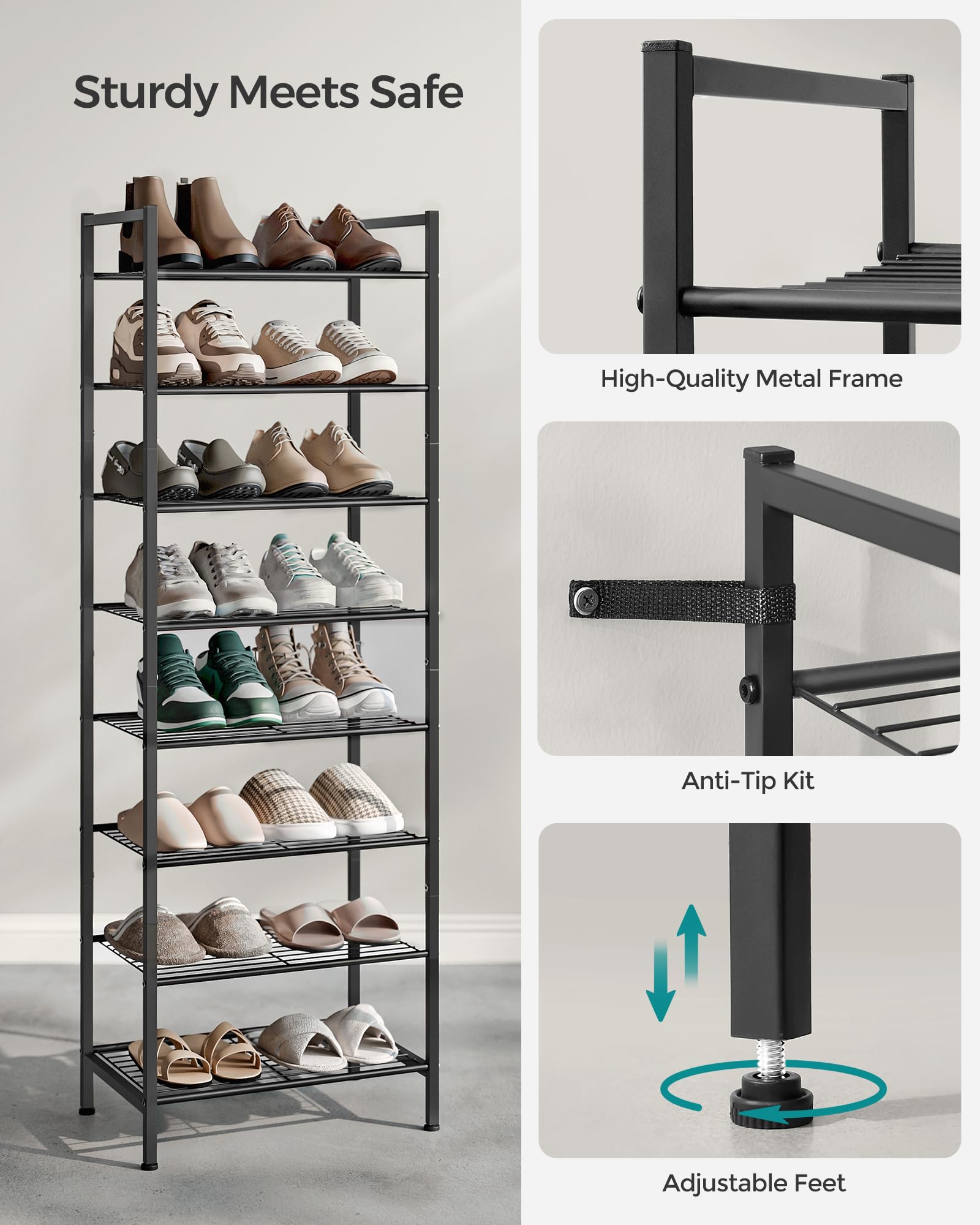 SONGMICS 8-Tier Narrow Shoe Rack - Slim Vertical Metal Shoe Storage Organizer for Small Spaces | Holds 18 Pairs of Shoes | Sturdy Shoe Shelf for Closet, Entryway & Bedroom | Easy Assembly, Black | Perfect for Apartments, Dorms & Tight Spaces
