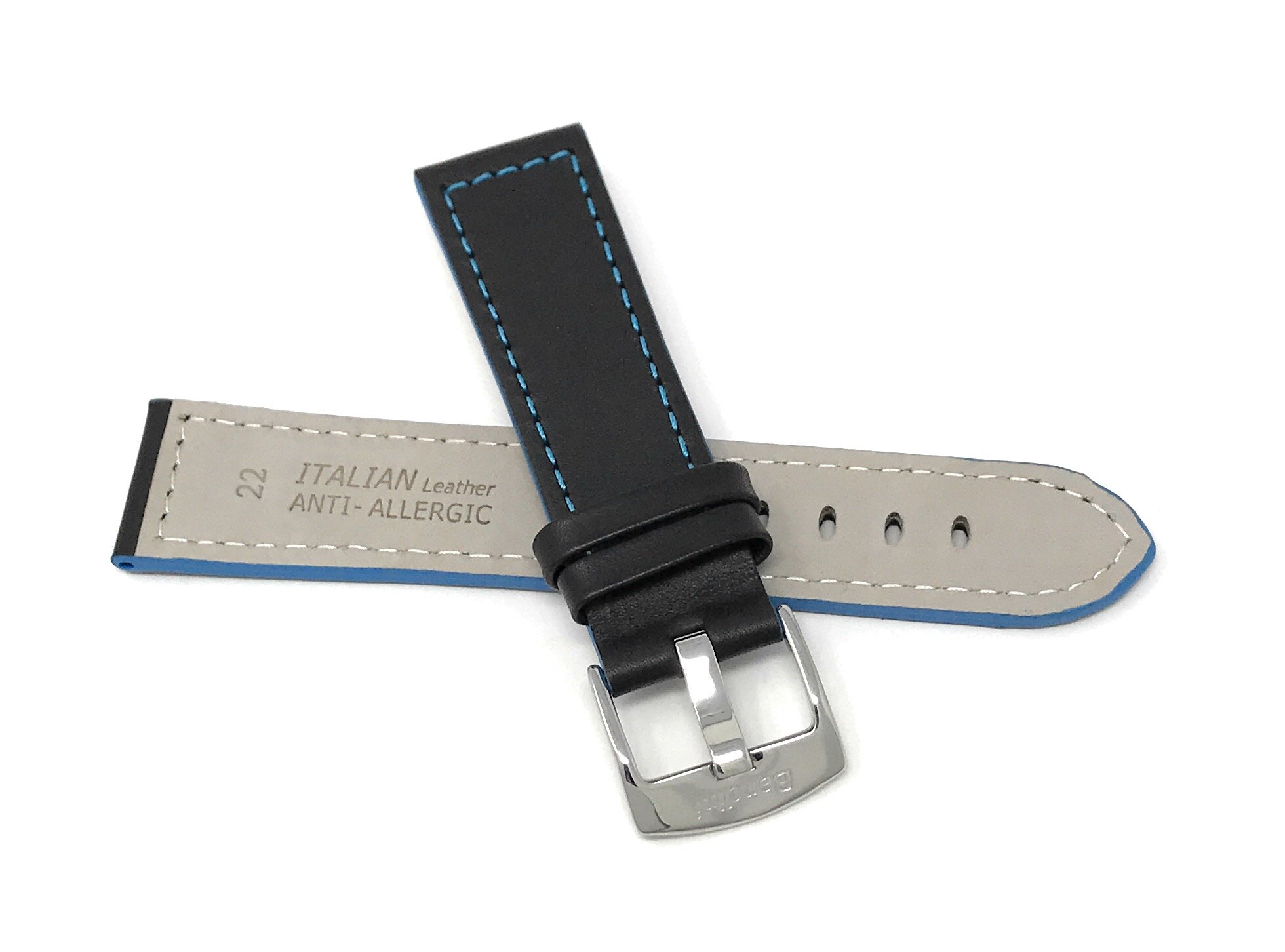 Premium 24mm Italian Leather Watch Band for Men - Black with Blue Stitching - Durable Racing Style Watch Strap - Perfect for Casual, Business & Sports Wear