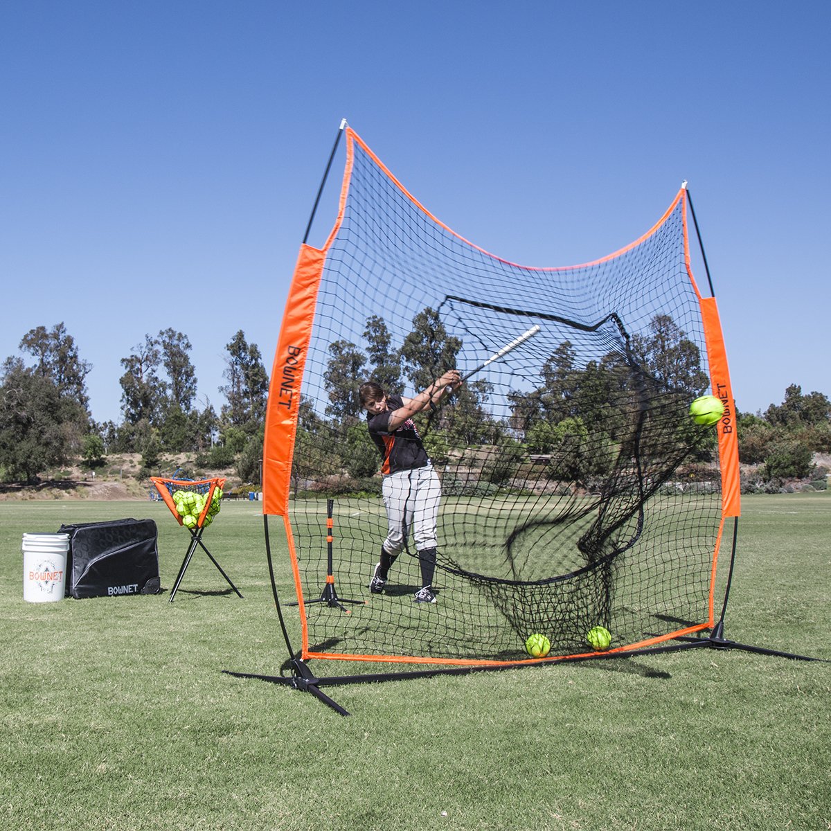 Bownet Original Big Mouth 7' x 7' Baseball & Softball Training Net - Durable Powder-Coated Steel Frame - Portable Practice Net with Carry Bag - Perfect for Backyard, Field & Team Drills (Orange)