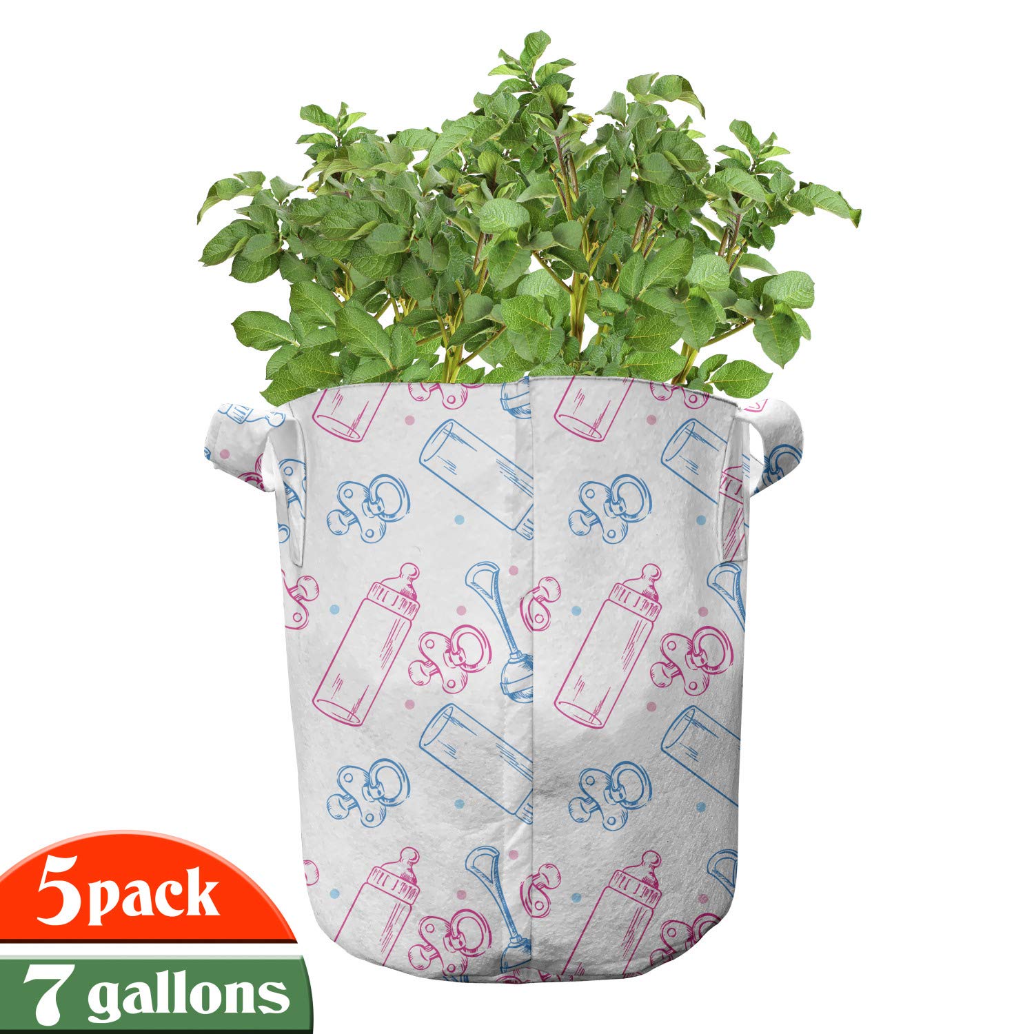 Ambesonne 5-Pack Cartoon Grow Bags - Heavy Duty Fabric Plant Pots with Handles, Minimalist Milk Art Pattern in White, Pink & Blue - Perfect for Indoor/Outdoor Gardening, Balcony Decor & Plant Lovers