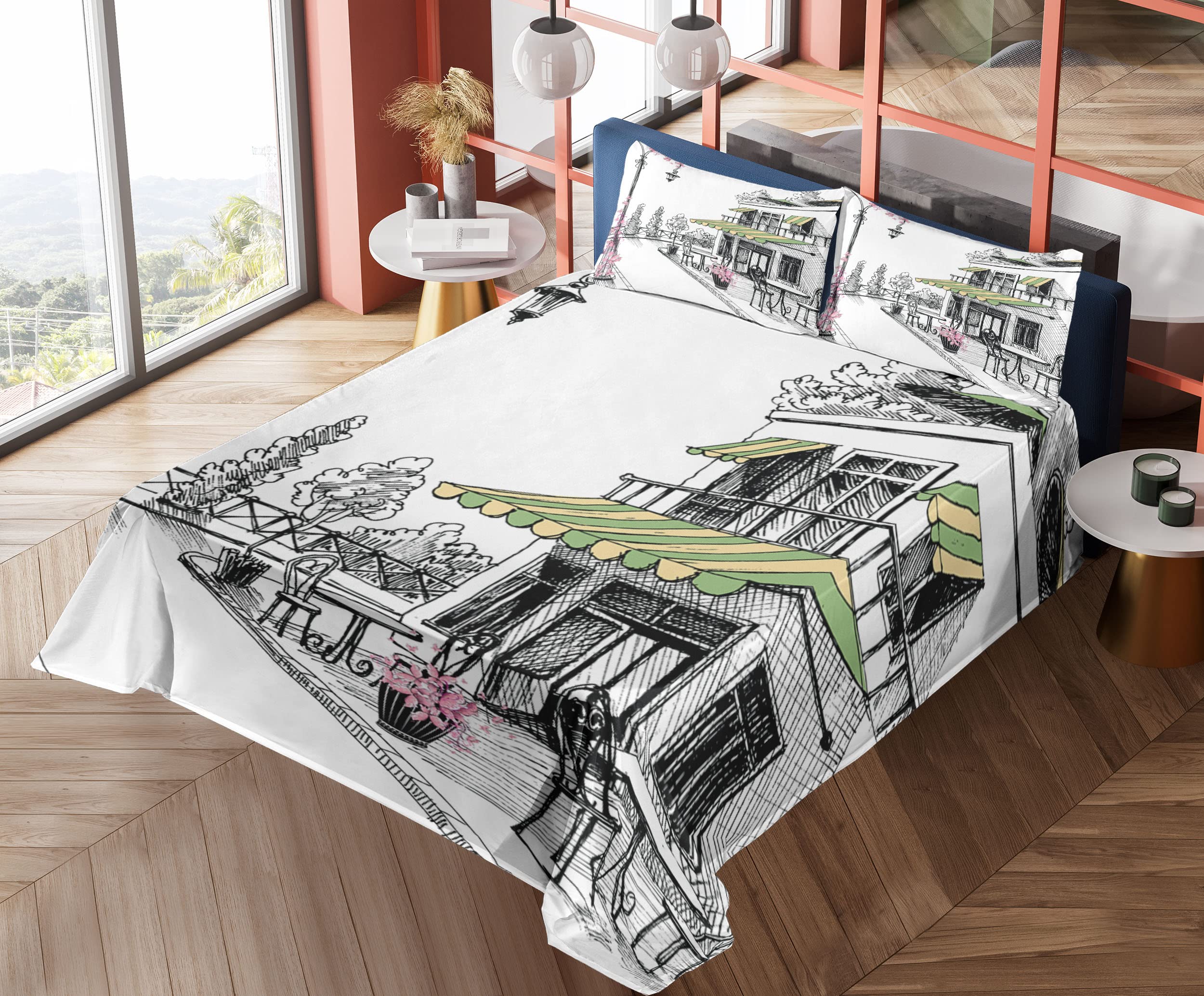 Ambesonne Parisian Patio Sketch 4-Piece King Sheet Set - Charcoal Grey & White Digital Illustration Bedding with Fitted Sheet, Flat Sheet & Pillowcases | Perfect for Guest Rooms, Master Bedrooms & Bohemian Home Decor