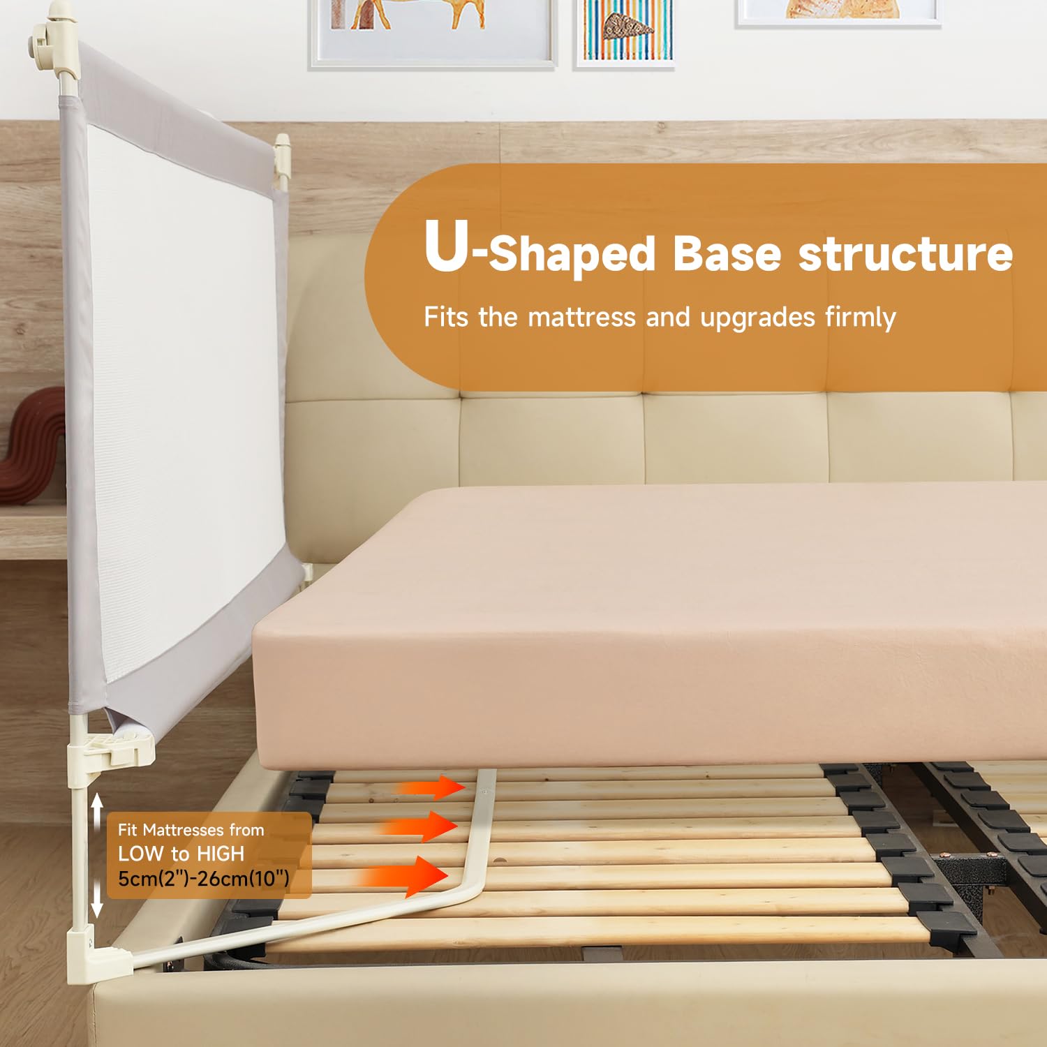 Foldable Bed Rails for Toddlers & Kids - Quick Assembly, Height Adjustable Safety Bed Guard with Sturdy U-Shape Base (2 Sides 78.7