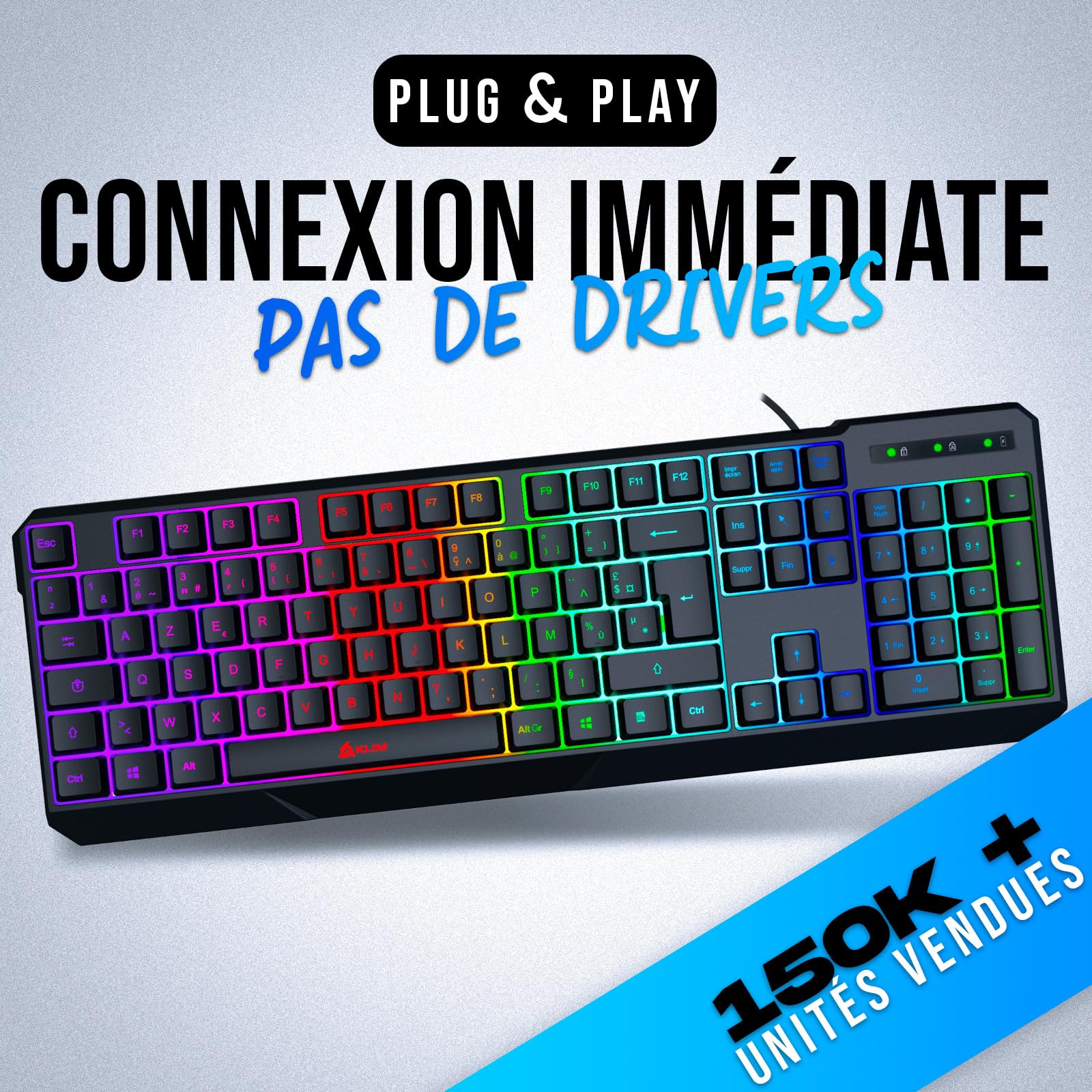 KLIM Chroma AZERTY Gaming Keyboard for PC, PS4, Mac - Wired USB Mechanical Keyboard with RGB Backlit, High Performance for Gaming & Typing - 2024 New Version (Black) | Perfect for Esports, Streaming & Office Work