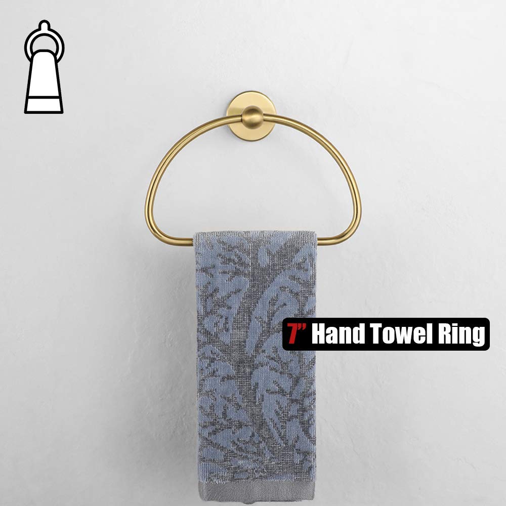 JQK Gold Stainless Steel Towel Ring Holder - 7 Inch Brushed Golden Wall Mount Bathroom Accessory (TR160-BG) - Perfect for Bathrooms, Powder Rooms & Spa Decor