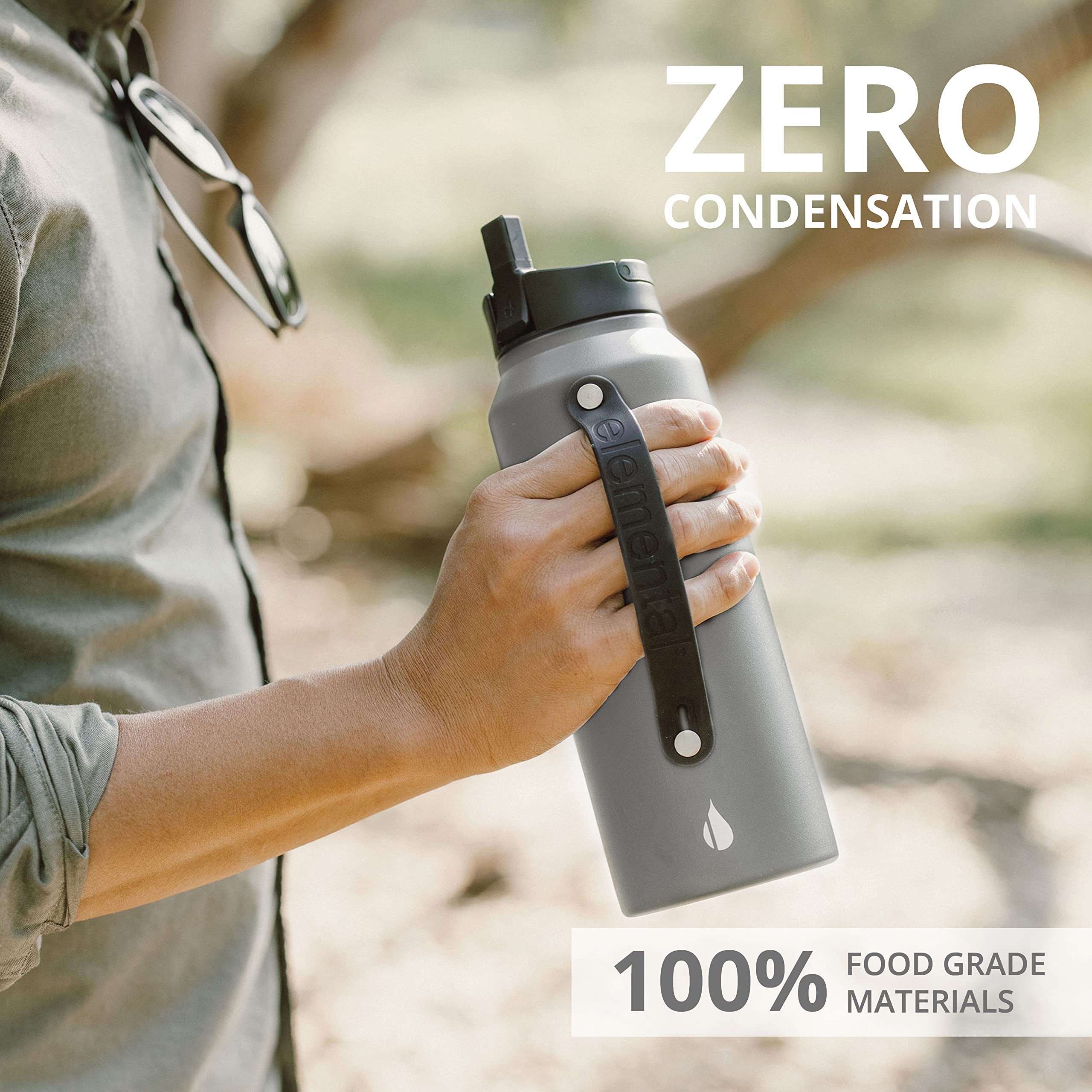 Elemental Iconic 32 oz Stainless Steel Water Bottle with Straw - Triple Wall Insulated, Leak Proof - Reusable Gym & Sports Water Bottle with 2 Straws - Graphite - Perfect for Hiking, Workouts & Outdoor Adventures