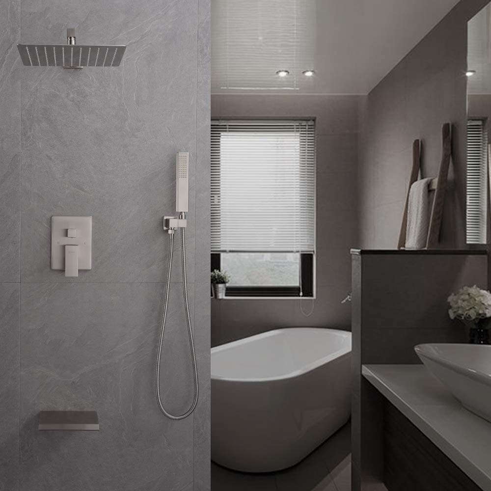 IRIBER 3-Function Square Shower System - 12 Inch Rain Shower Head & Handheld with Waterfall Tub Spout, Brushed Nickel Finish | Perfect for Modern Bathroom Renovations & Spa-Like Shower Experience