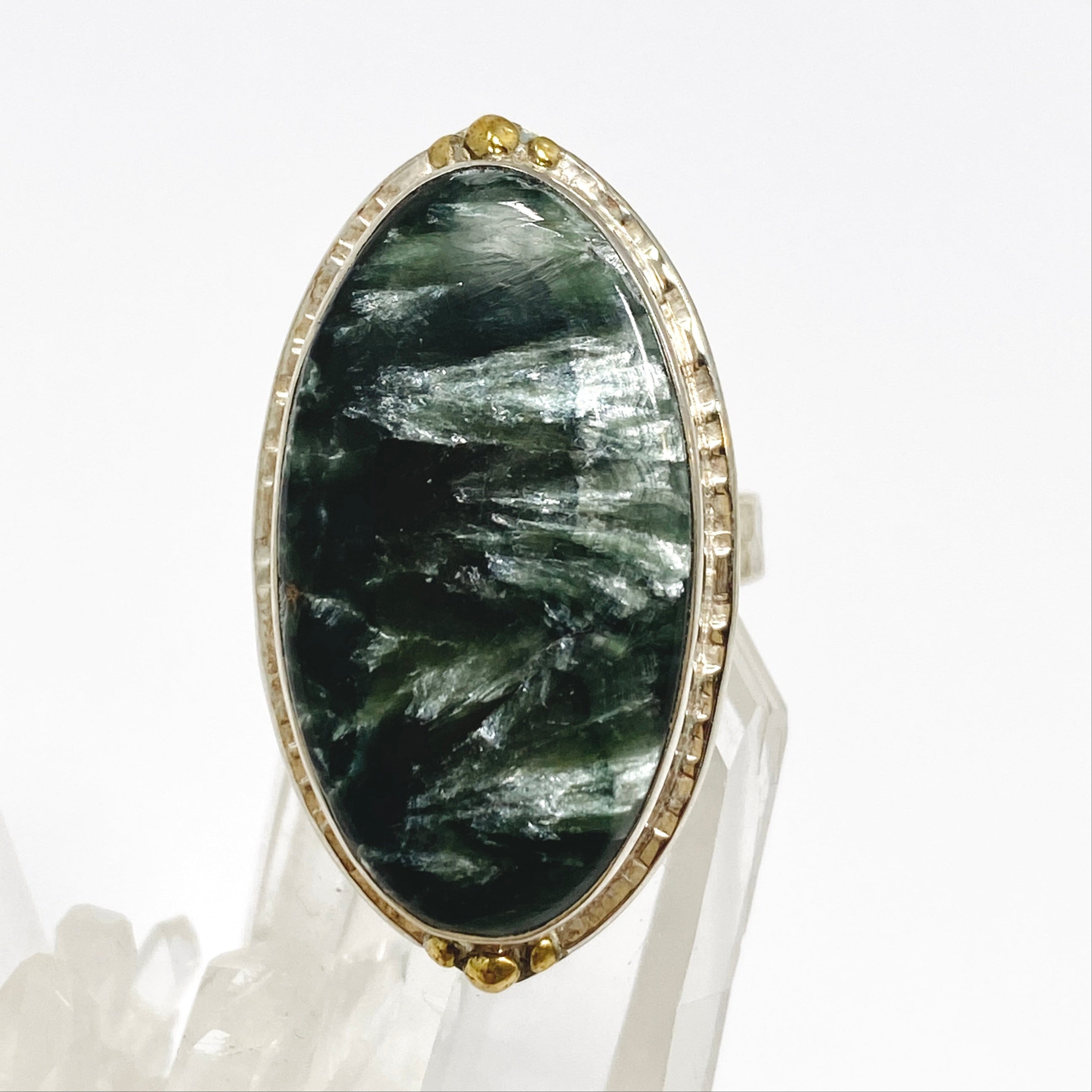 Seraphinite Oval Cabochon Ring - Size 9 Sterling Silver Jewelry KRGJ3393 | Elegant Gift for Women, Perfect for Weddings & Special Occasions
