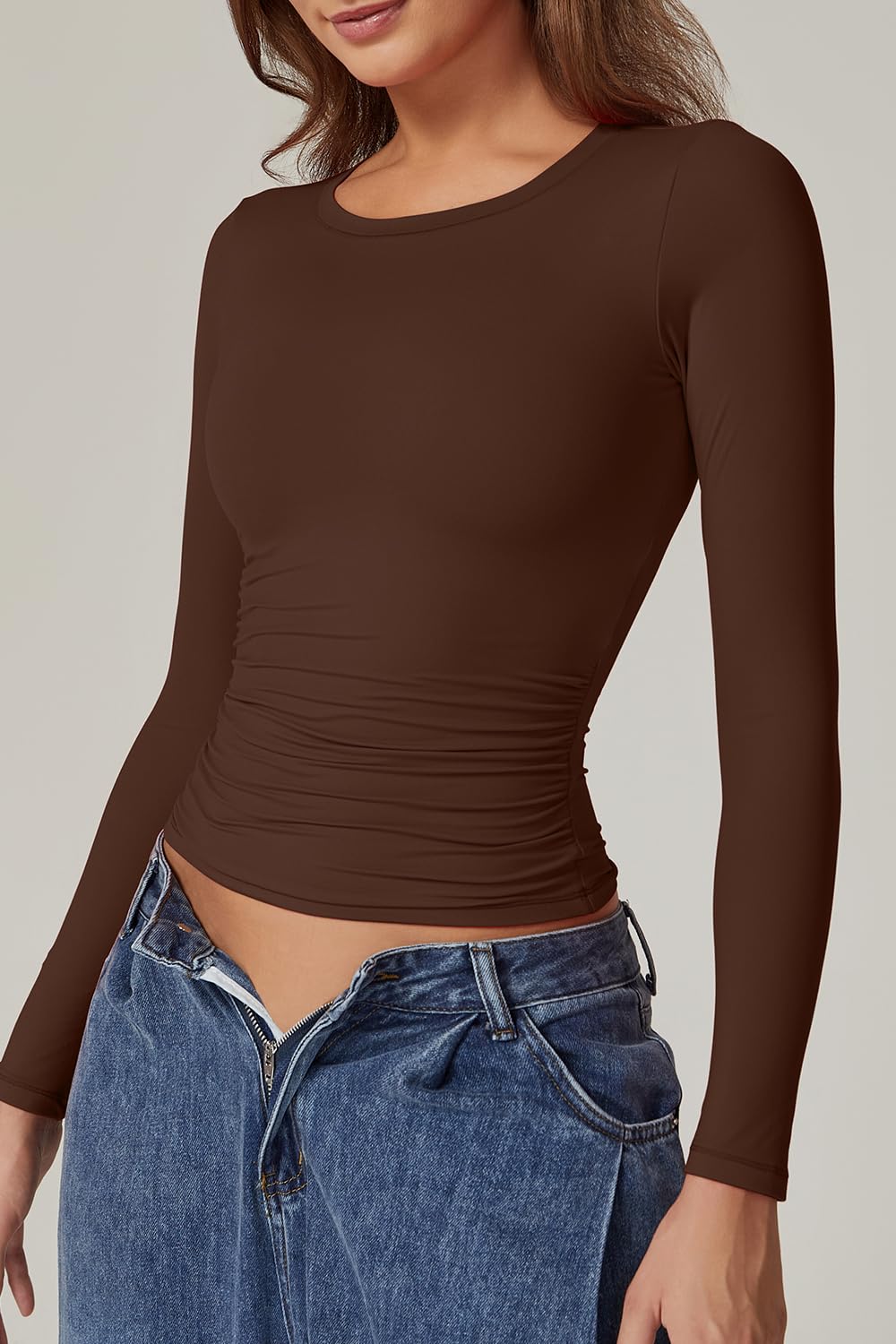 QINSEN Women's Double Lined Long Sleeve Crewneck Shirt - Slim Fit Ruched Y2K Tops for Casual Wear, Date Night & Going Out - Mocha L (Fall Fashion, Layering Essential)