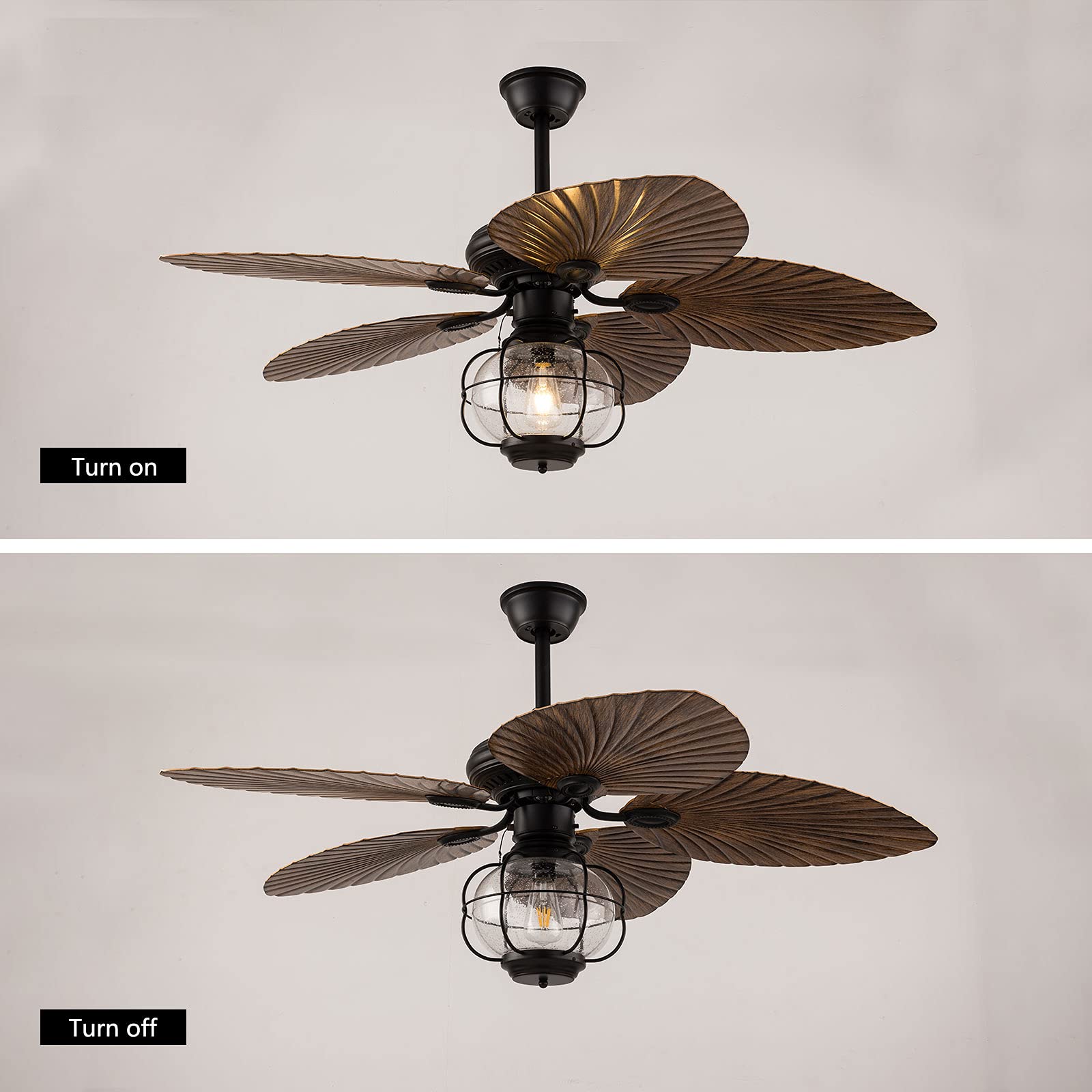 52-Inch Tropical Palm Chandelier Ceiling Fan with 5 Palm Leaf Blades - 3 Speed Remote Control, 5-Light Industrial Cage Design - Quiet Rustic Fan for Bedroom, Living Room, Patio & Indoor Spaces - Perfect for Coastal, Beach House and Boho Home Decor