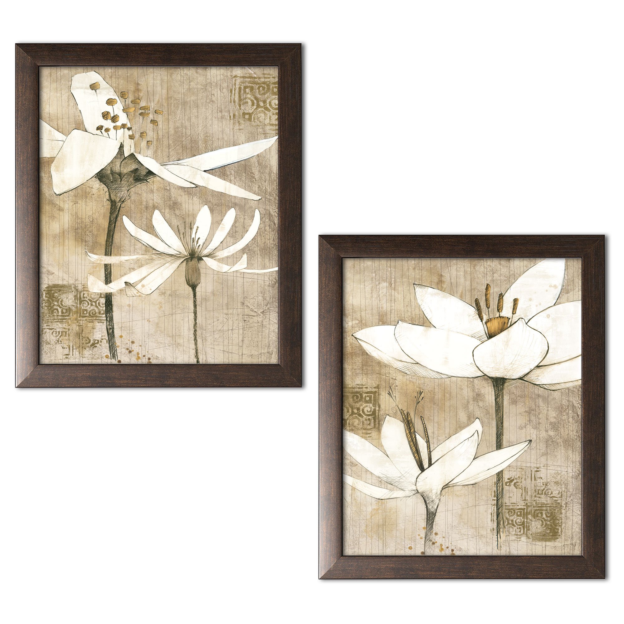 Gango Home Decor Contemporary Pencil Floral Art Prints Set of 2 - 11x14 Inch Brown Framed Wall Art by Avery Tillmon (Ready to Hang) - Perfect for Living Room, Bedroom & Office Decor
