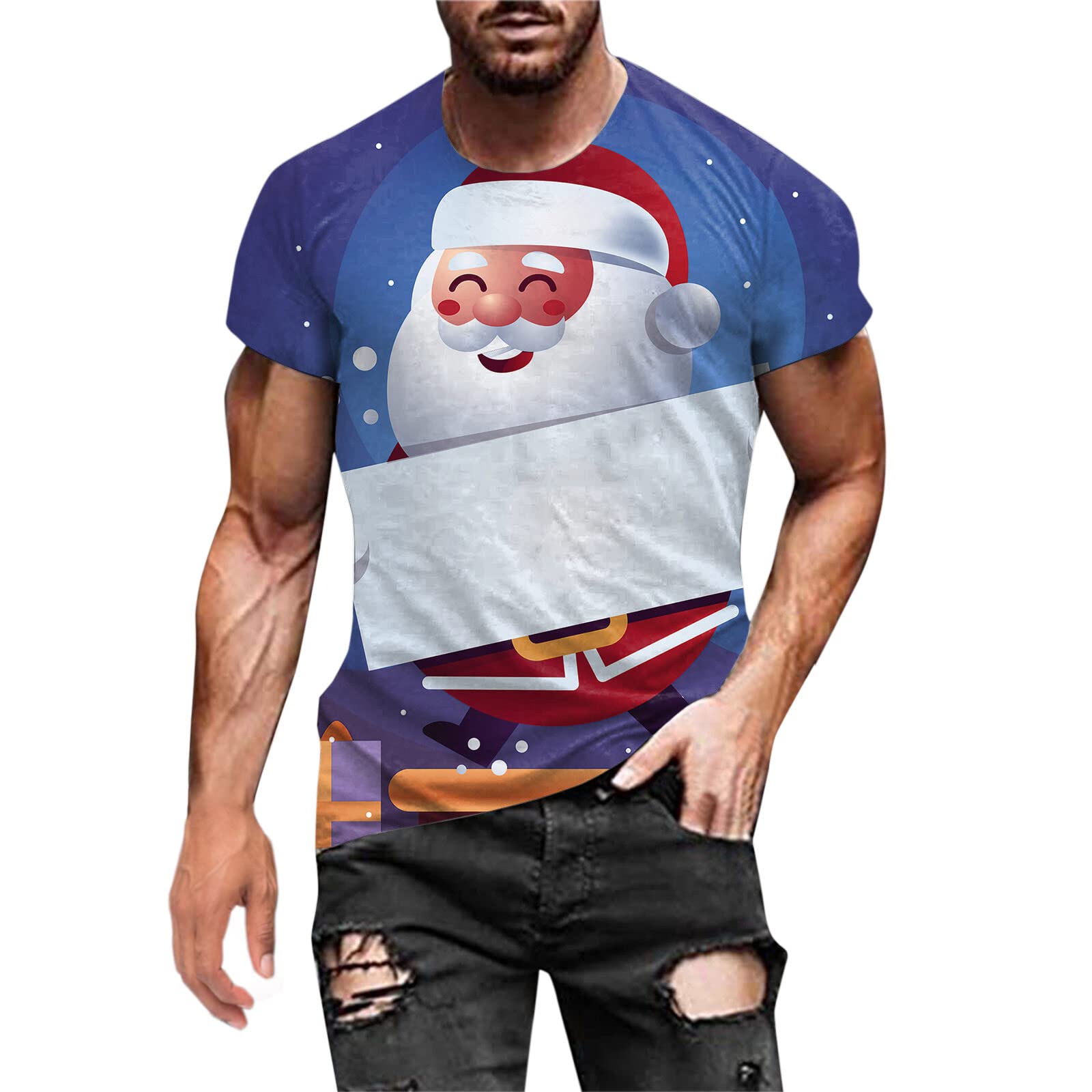 WOCACHI Men's Short Sleeve T-Shirt - Santa Claus Print Athletic Tee for Christmas, Workout & Casual Wear - Breathable & Comfortable Fitness Top for Gym, Running & Holiday Parties
