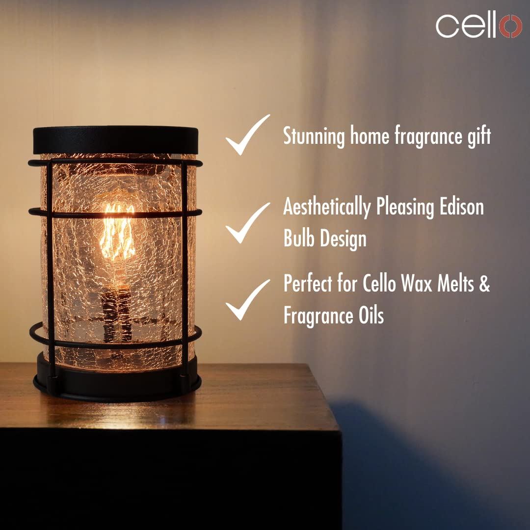 Premium Cello Black Crackle Edison Electric Wax Warmer with Spiced Citrus Scented Wax Melts - Aromatherapy Home Decor for Living Room, Bedroom & Office Relaxation