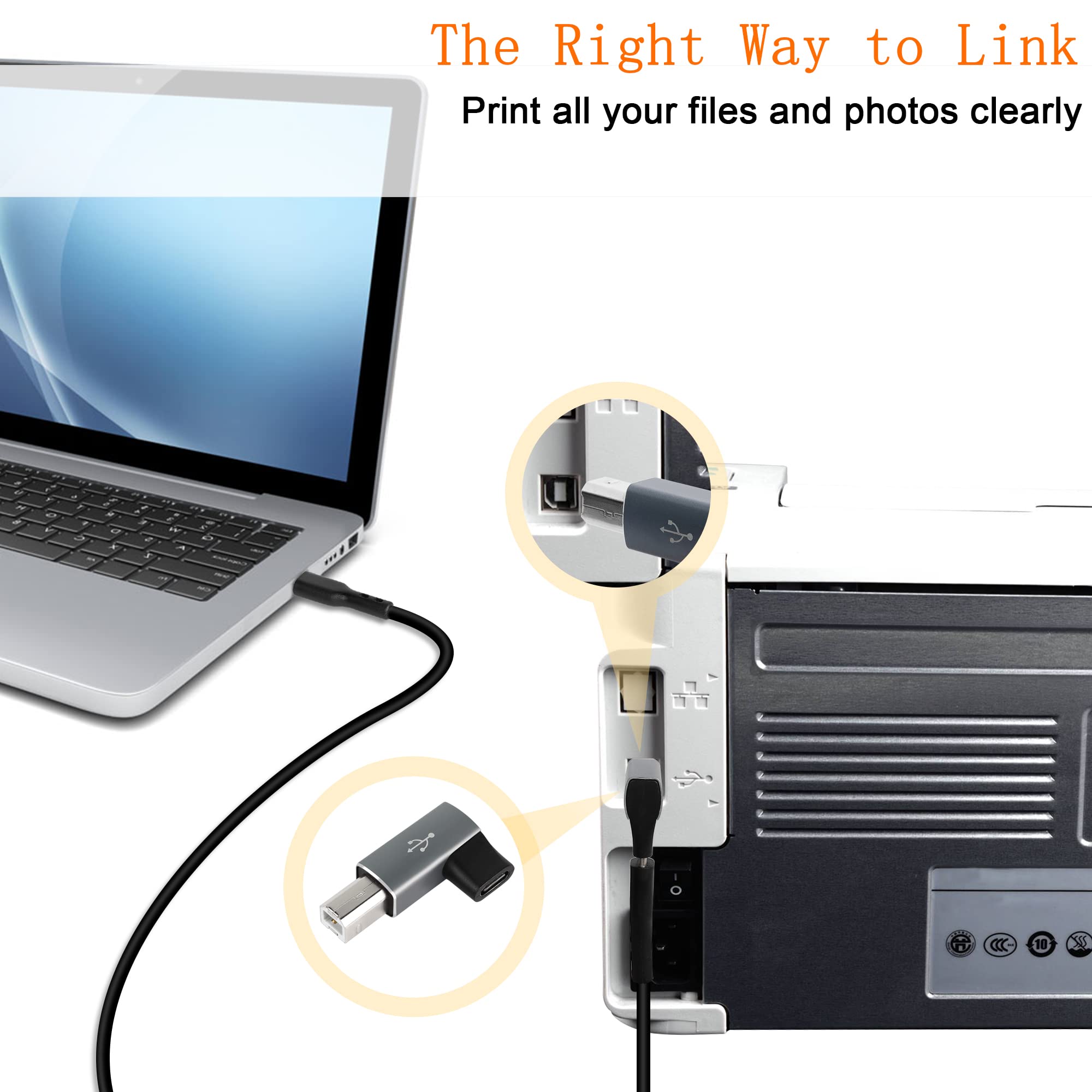 90 Degree USB C to MIDI Adapter - Type C Female to USB B Male Right Angle Converter (2PCS, Gray) - Compatible with Printers, MIDI Keyboards, Electric Pianos & Electronic Drums - Perfect for Music Production & Office Use