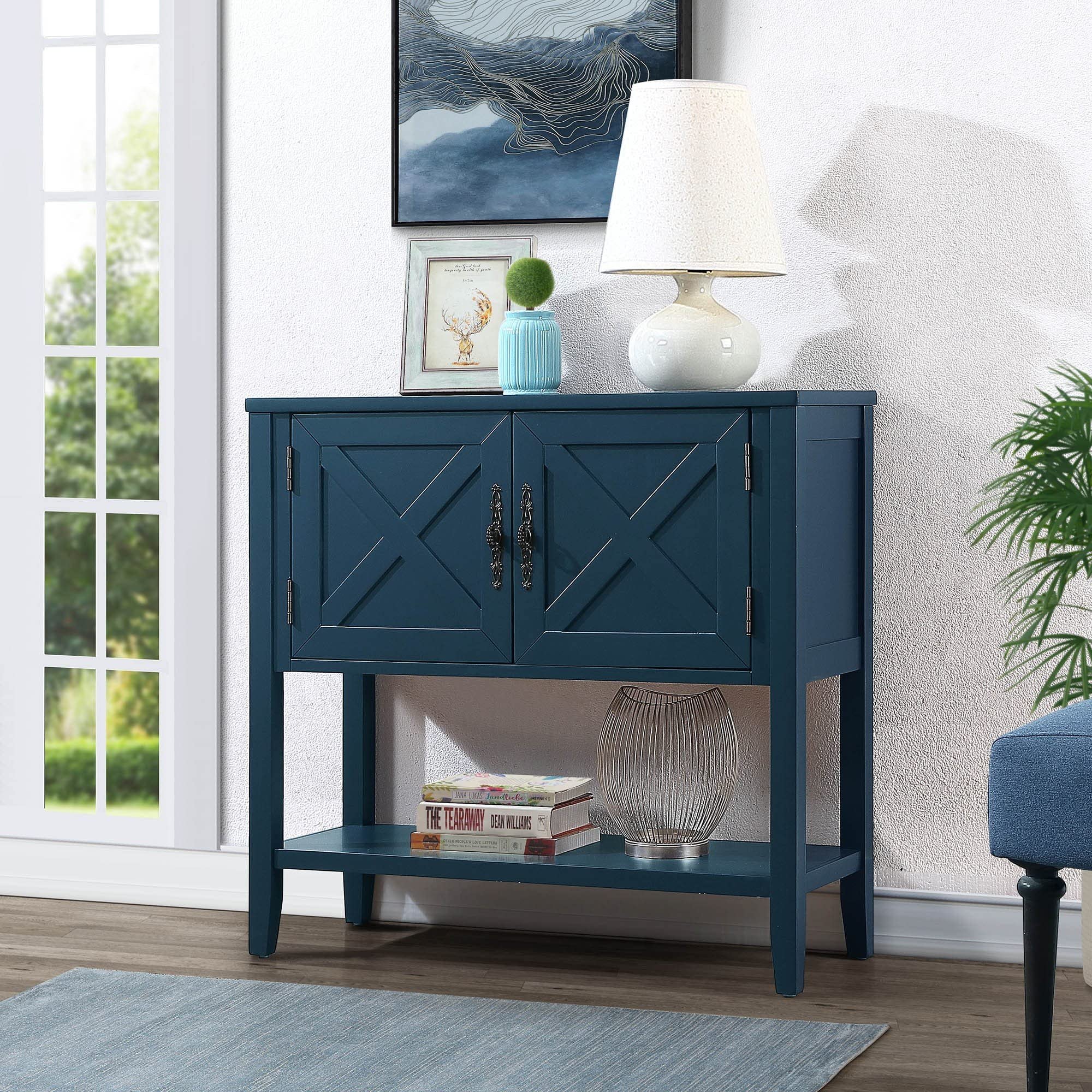 35 Inch Farmhouse Wood Buffet Sideboard Console Table with Bottom Shelf & 2-Door Cabinet - Rustic Dining Room Furniture for Kitchen, Living Room, Entryway Storage (Navy Blue) | Perfect for Farmhouse Decor, Small Space Storage & Dining Room Organization