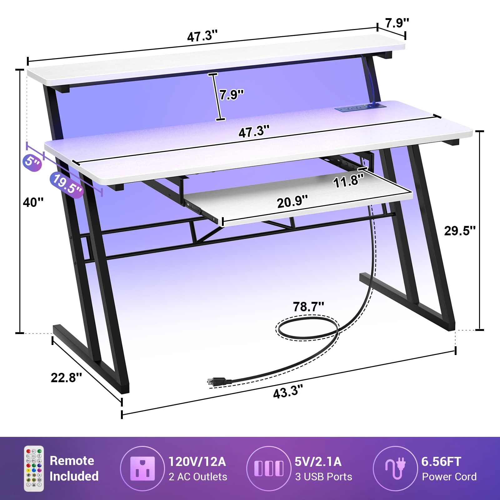 Armocity Music Studio Desk with Power Outlets & RGB LED Lights - Professional Recording Studio Workstation for Music Producers, DJs & Home Studios - Matte White Finish for Modern Music Production Setup