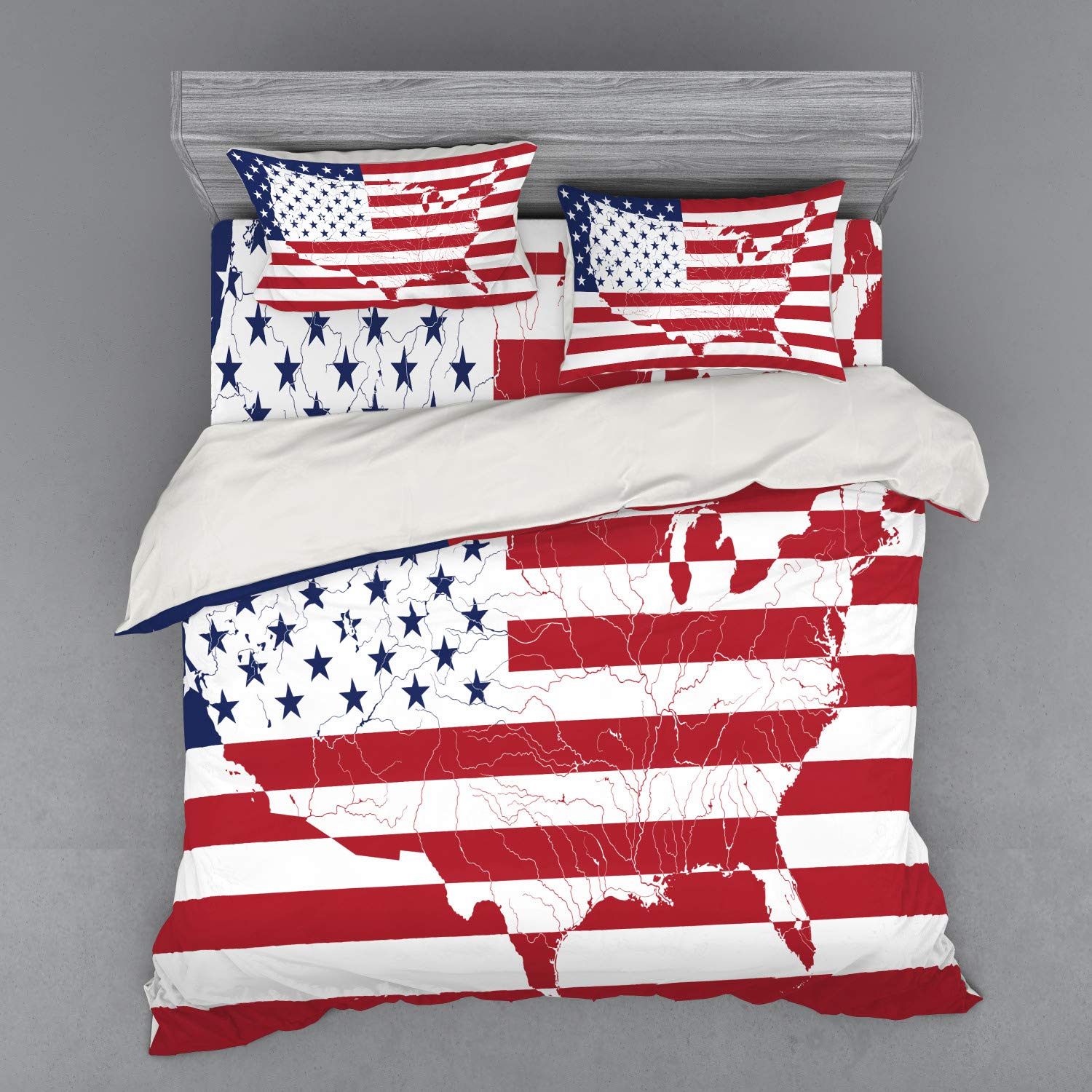 Ambesonne American Flag Duvet Cover Set - USA Continent Shaped Patriotic Design, 4-Piece King Size Bedding Set with Pillow Shams & Fitted Sheet in Navy & Red | Perfect for Independence Day Decor, Memorial Day Bedroom, and Patriotic Home Styling