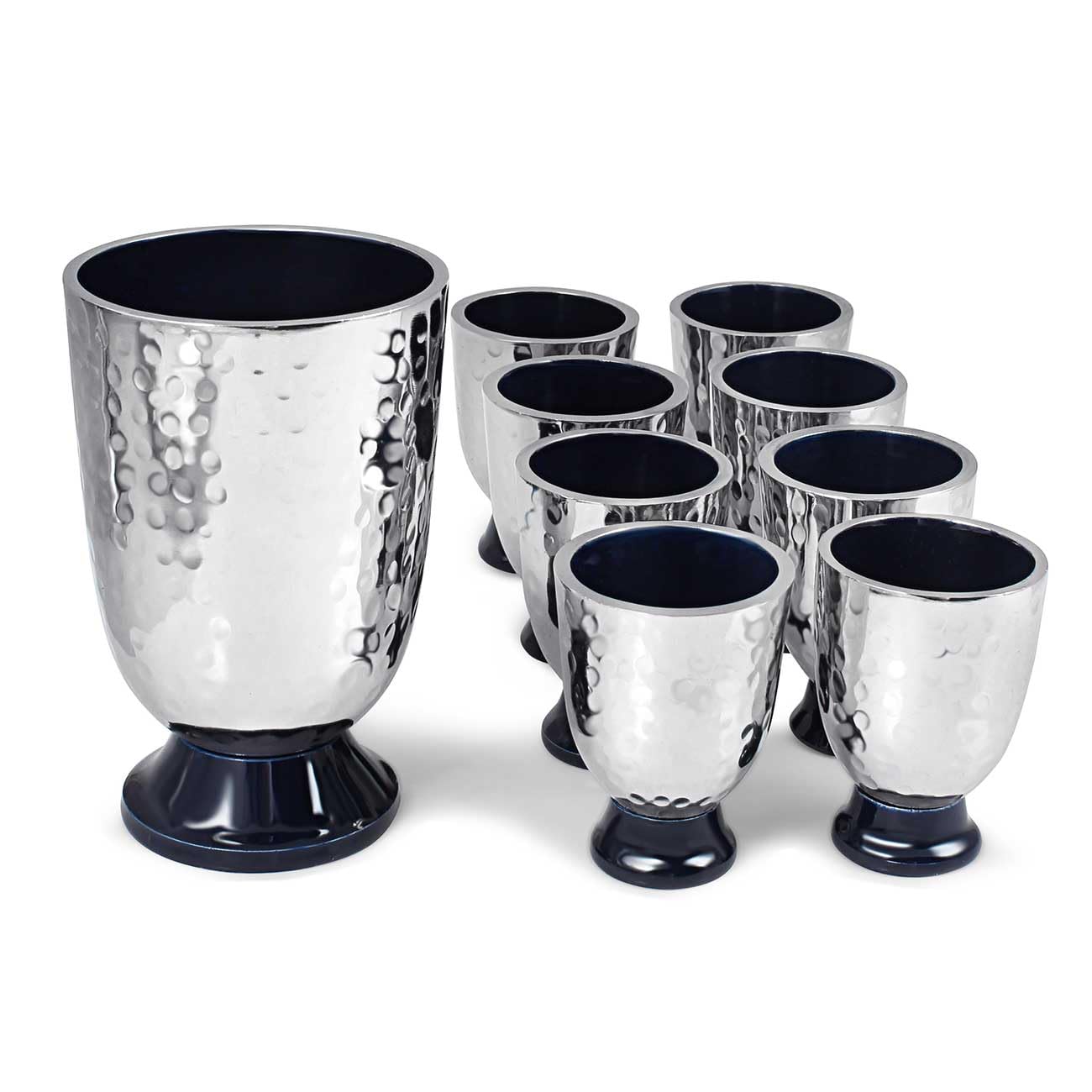 Zion Judaica Shabbat Blue Enamel Kiddush Cup & Wine Fountain Set - 7.5 oz Hammered Metal Goblet with 8 Mini 1.2 oz Stemmed Shot Cups - Perfect for Shabbat, Passover, Holidays & Pesach Seder Table Decor - Elegant Jewish Ceremonial Wine Set for Home Celebrations