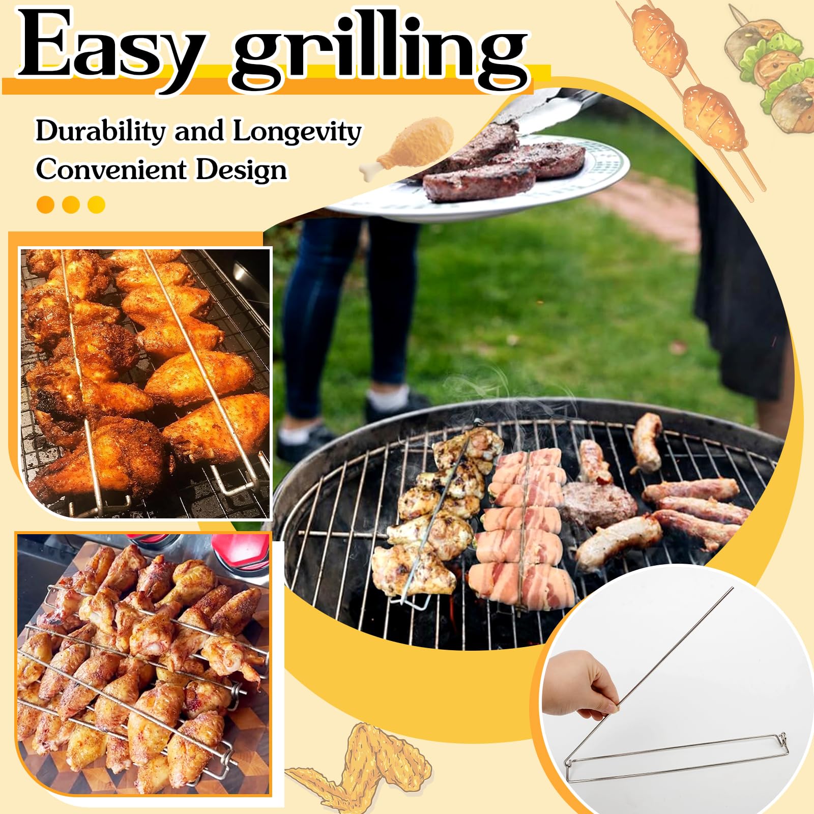 4-Piece BBQ Chicken Wing Clamping Grill Forks - Heavy Duty Stainless Steel Wing Holders for Grilling, Roasting, and Smoking - Perfect for Outdoor Camping, Picnics, Backyard Barbecues, and Tailgating Parties