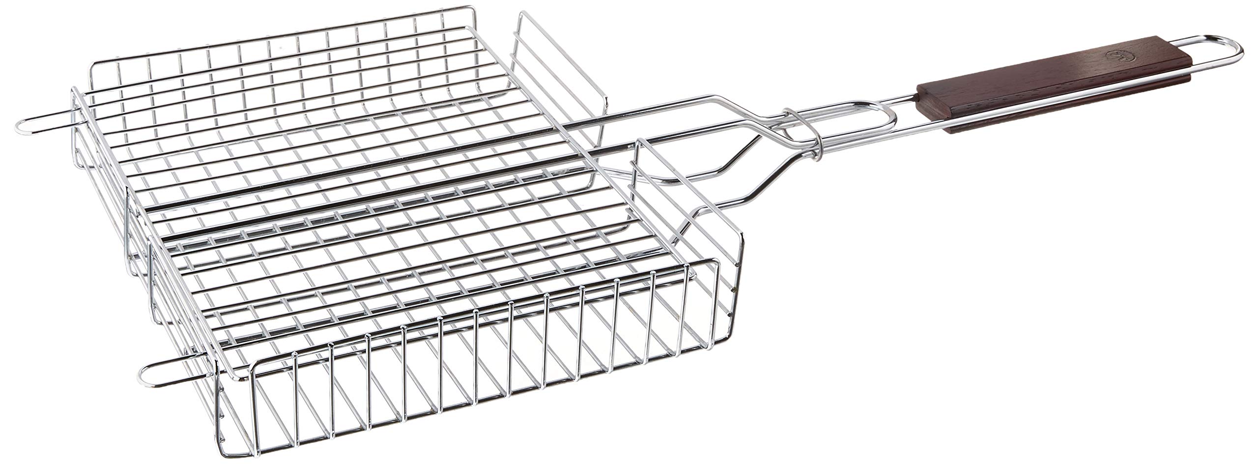 Premium Rosewood Handle Grill Basket for Fish & Vegetables - Heavy Duty Chrome Plated for BBQ, Camping & Outdoor Cooking