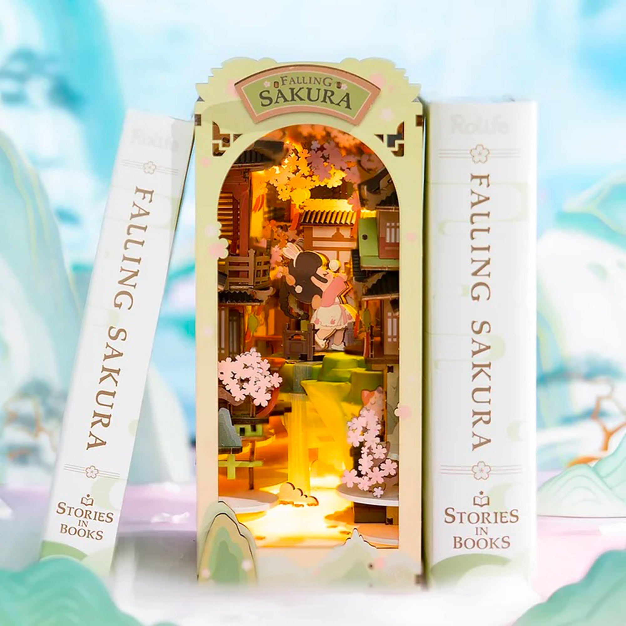 DIY Mini Book Nook Kit - Falling Sakura Cherry Blossom 3D Scene for Bookshelf Decor, Home Office Display & Gift for Book Lovers