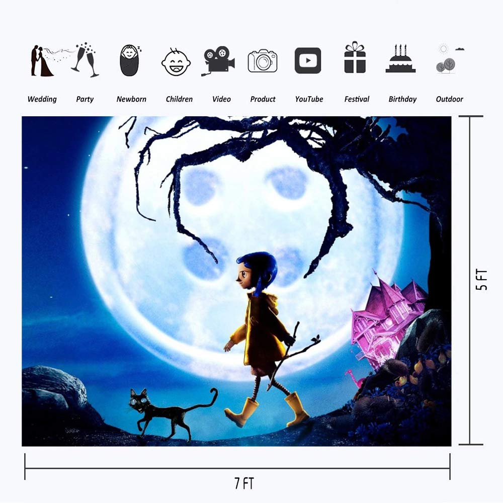 Coraline Movie Photo Backdrop - 7x5ft Halloween Birthday Party Decor with Bright Moon, Pink Palace & Black Cat - Studio Background for Girls' Themed Events, Photo Shoots & Home Decor