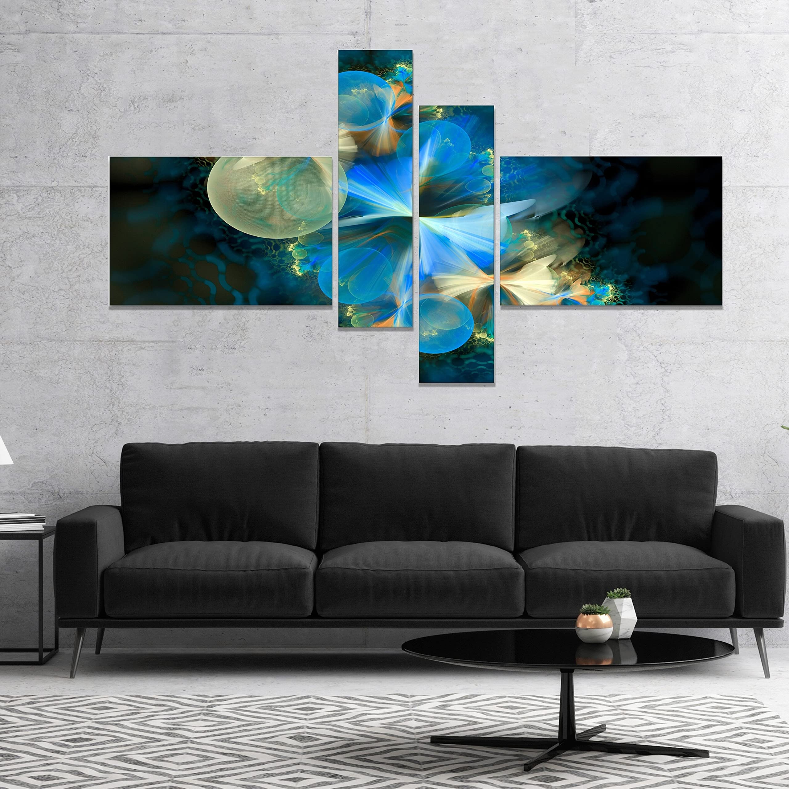 Fractal 3D Blue Bubbles Abstract Canvas Wall Art Print - 60x32 Inch 4-Panel Modern Home Decor for Living Room, Bedroom & Office