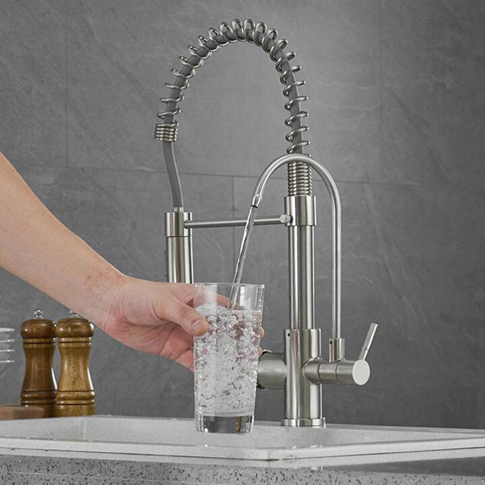 3-in-1 Pull Down Kitchen Faucet with Brushed Nickel Finish, 360° Swivel Sprayer & Built-in Water Filter - Hot/Cold Water Mixer Tap for Drinking, Cooking & Dishwashing - Perfect for Modern Kitchens & RVs