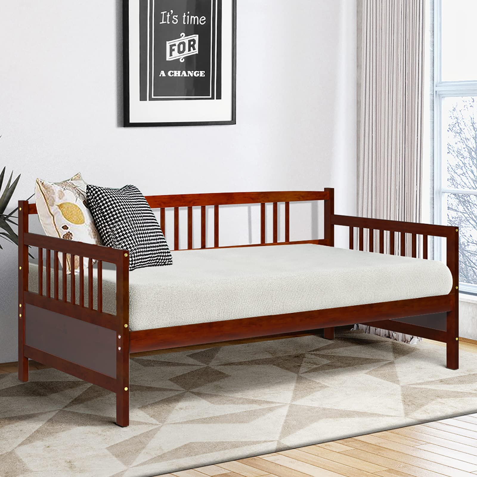KOTEK Twin Daybed Frame - Solid Wood Sofa Bed with Safety Rails, Convertible Platform Bed Frame for Guest Room, Living Room & Bedroom (Cherry Finish) | Space-Saving Sleeper Solution for Small Apartments & Home Offices