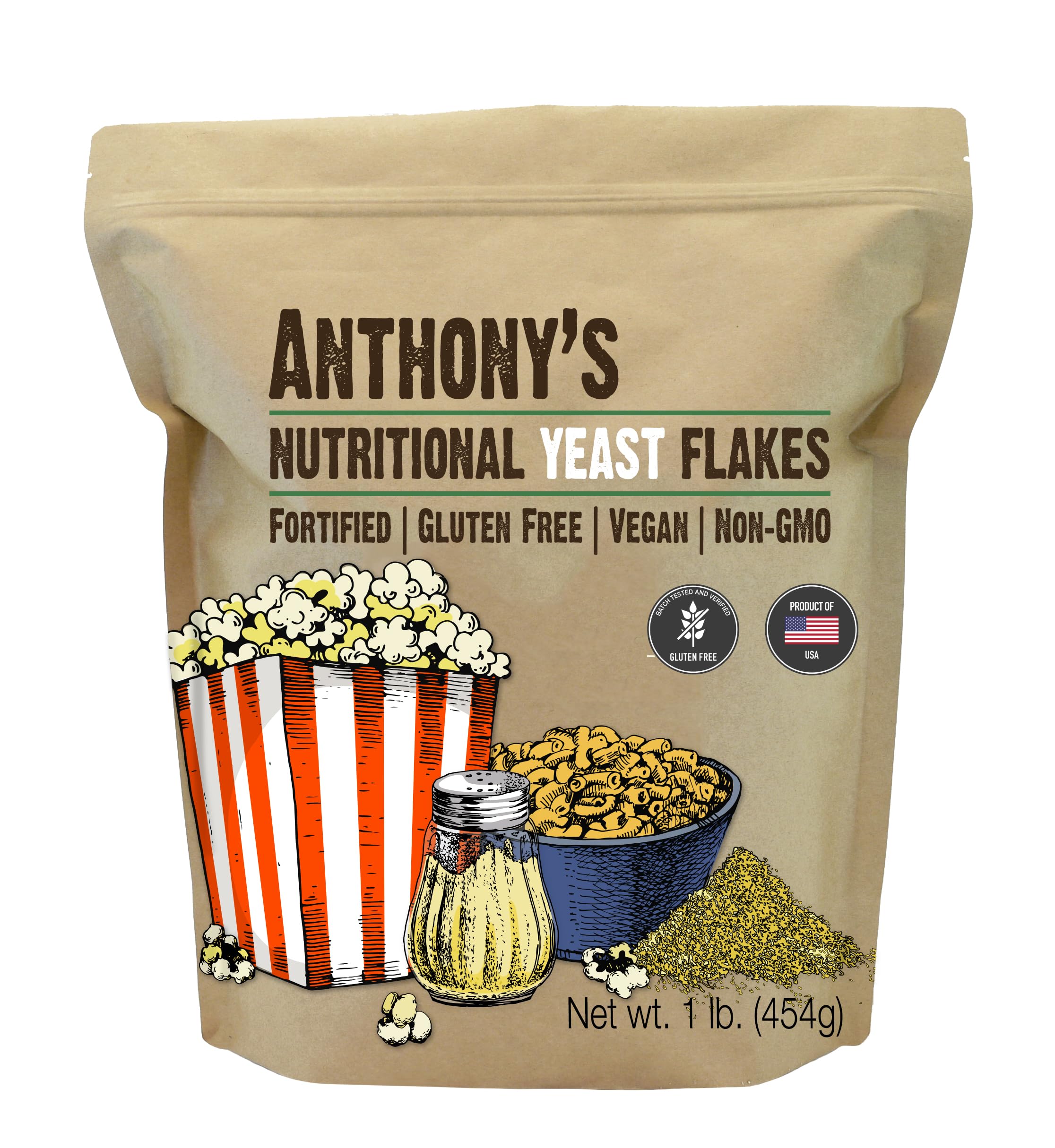 Anthony's Premium Nutritional Yeast Flakes - 1 lb | Fortified with B Vitamins | Gluten Free, Non-GMO, Vegan | Perfect for Popcorn, Pasta & Vegan Recipes