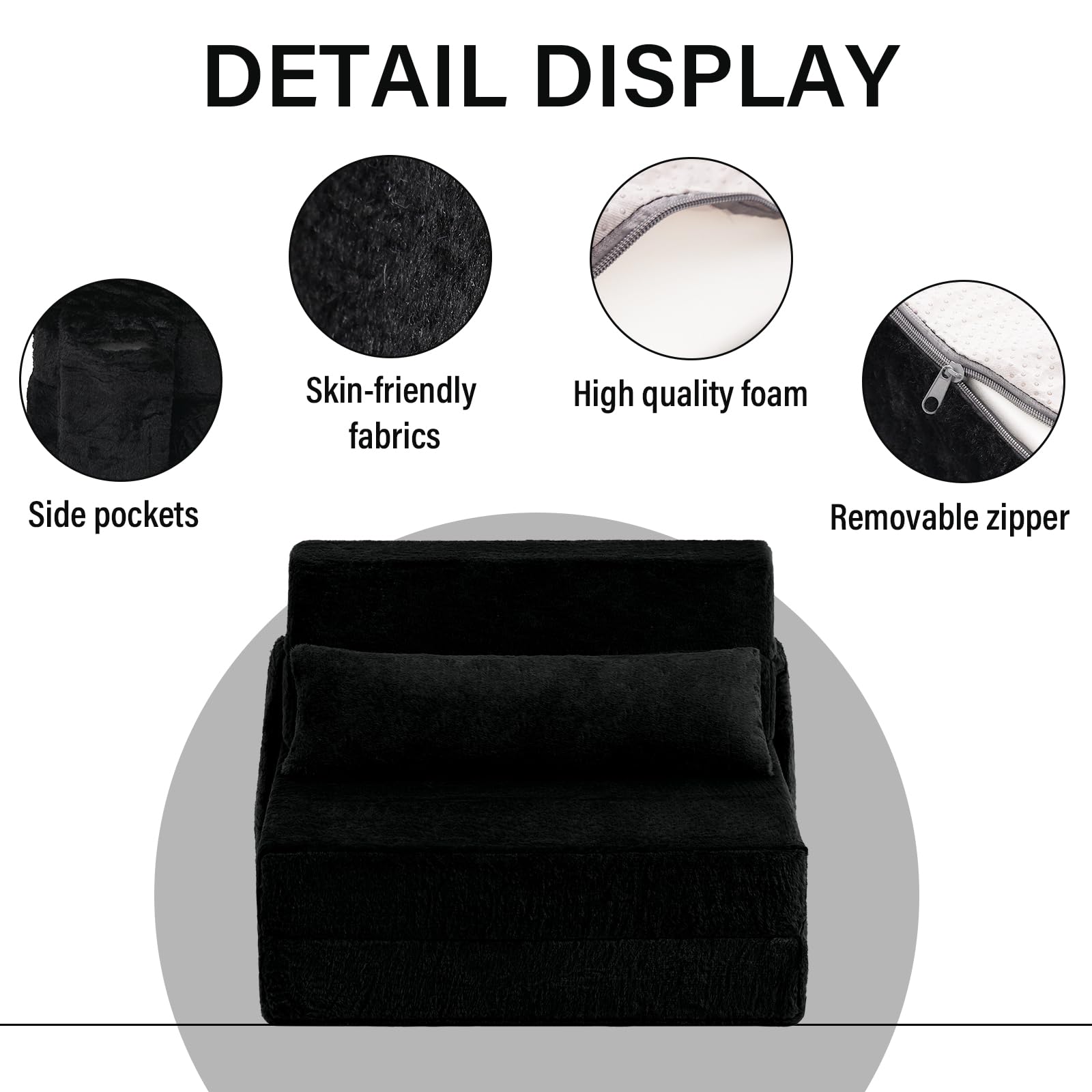 Tiita Folding Sofa Bed with Pillow - Single Size Mattress & Plush Fabric - Portable Storage Bag Included - Multi-Functional Floor Lounger Chair Bed - Perfect for Living Room, Guest Room, Dorm, Apartment, Loft & Home Office - Space-Saving Black Convertible Furniture - Great for Small Spaces, Overnight Guests & Relaxing