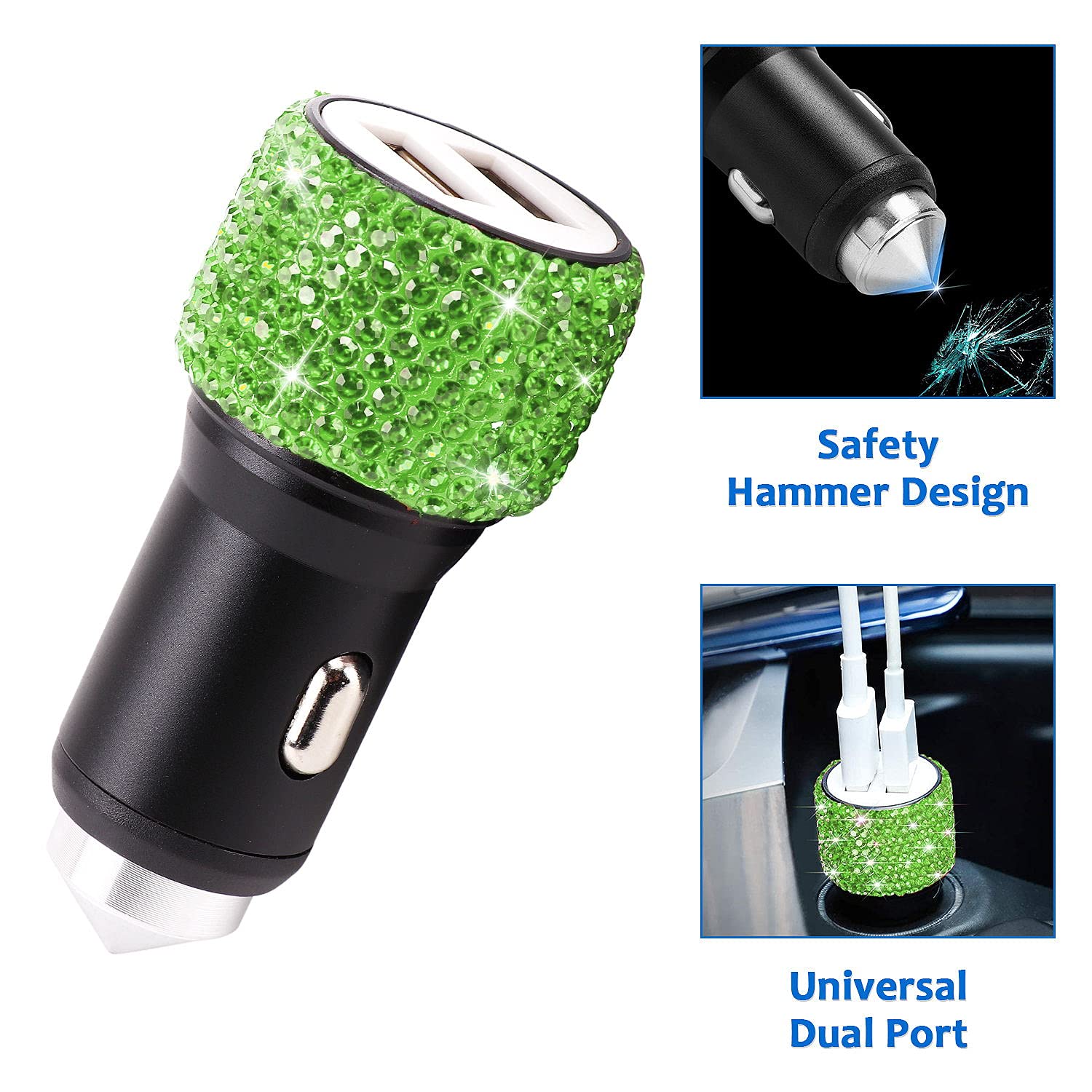 15-Piece Green Rhinestone Car Accessories Set for Women - Crystal Bling Decor, Headrest Rings, Charger, Hooks, Tire Caps & Coasters | Perfect for Car Interior Styling & Gift Giving