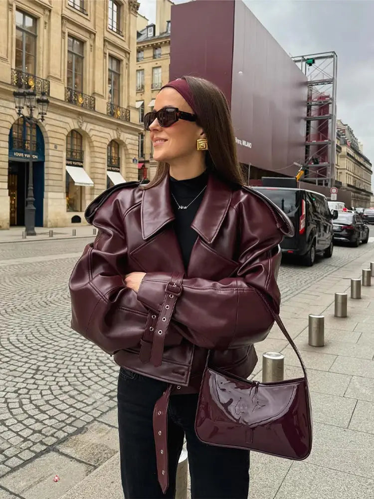Stylish Women's Burgundy Leather Jacket with Lapel - Casual Loose Fit Long Sleeve Coat with Pockets | Autumn & Winter Outerwear for Street Fashion, Date Nights & Office Wear