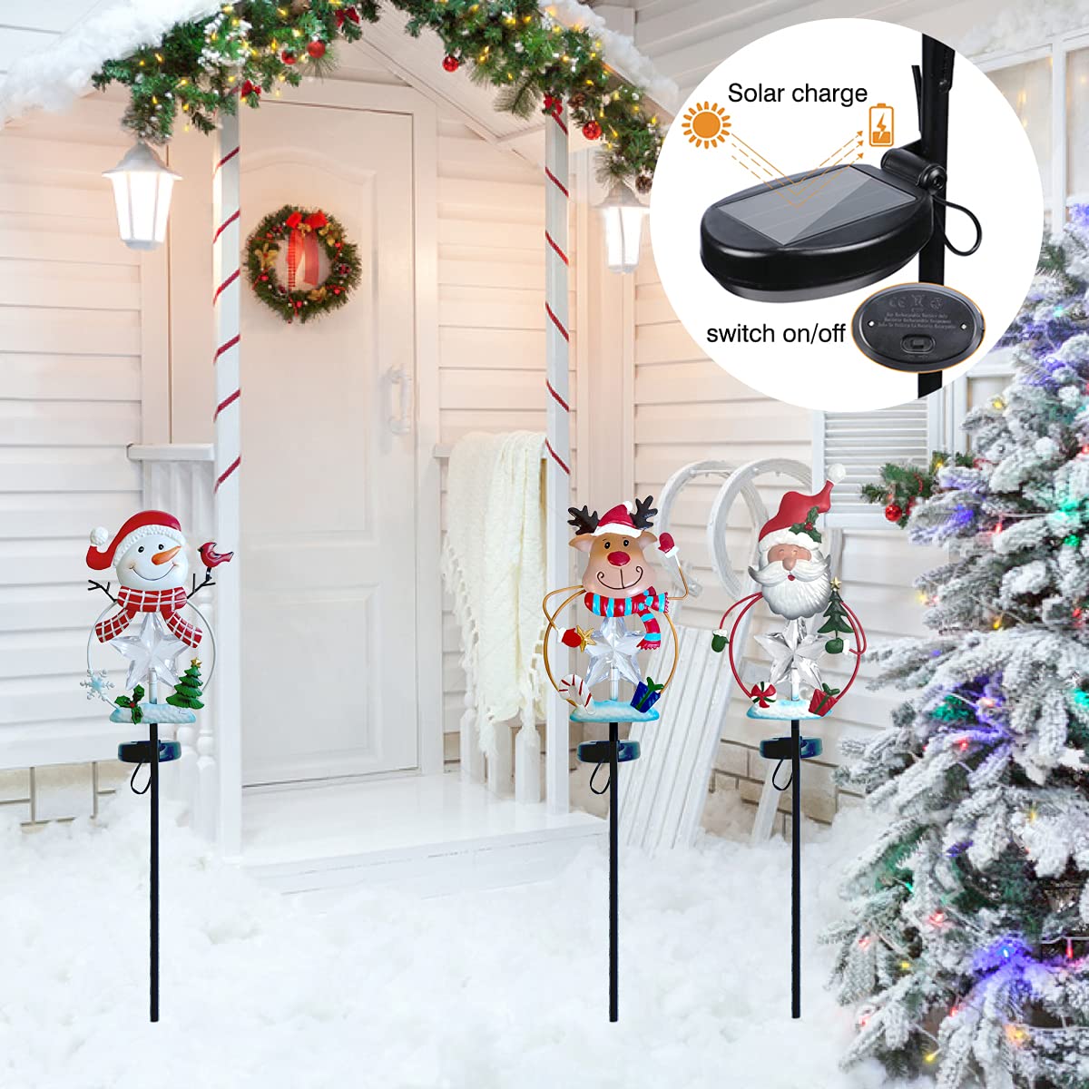 3 Pack Christmas Yard Stakes - Solar Powered Outdoor Garden Decor with LED Lights (Snowman/Santa/Reindeer) - Waterproof Metal Holiday Decoration for Lawn, Pathway & Winter Landscaping | Perfect for Christmas Party, Front Yard Decor & Seasonal Festivities