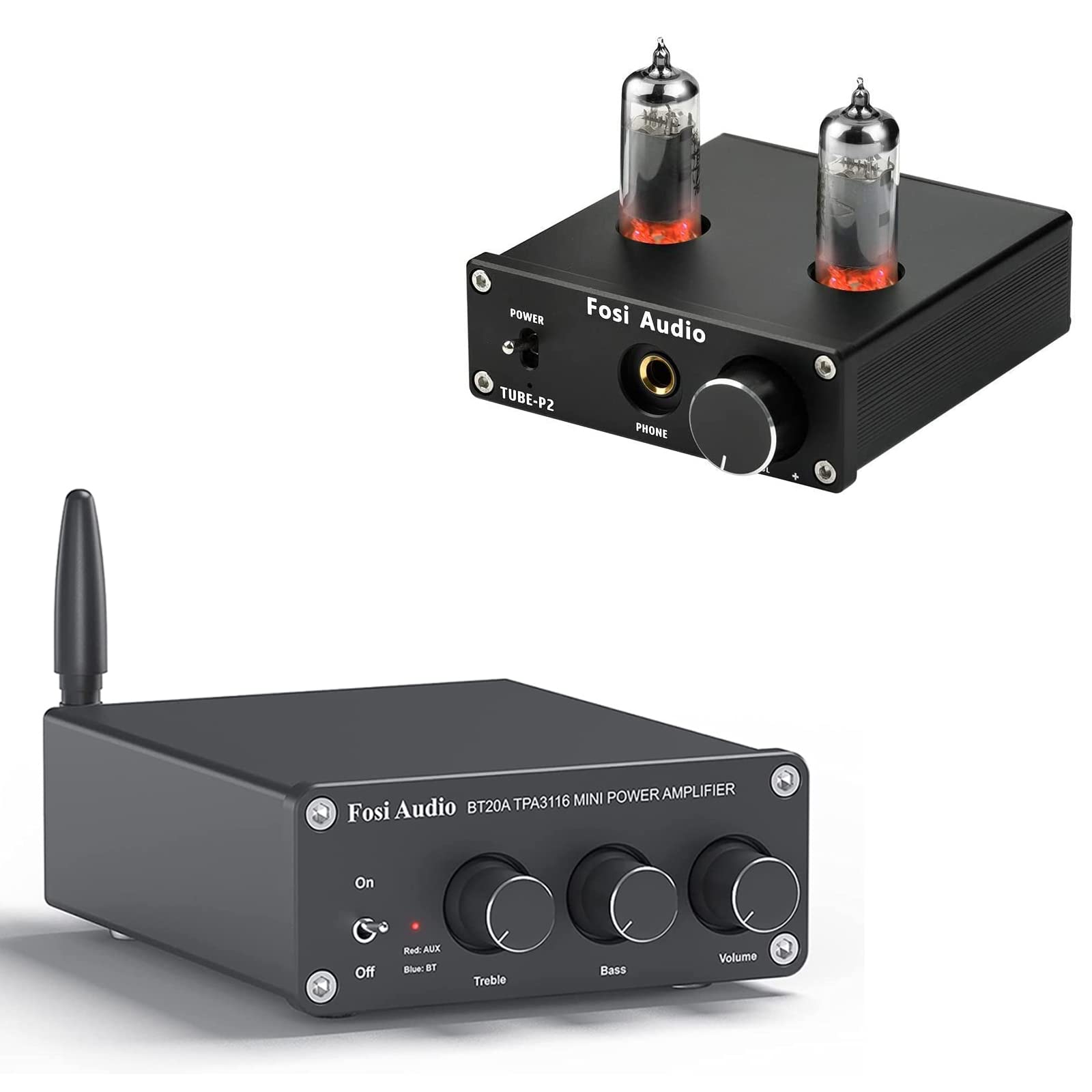 Fosi Audio BT20A Bluetooth 5.0 Stereo Amplifier - 2 Channel Mini Hi-Fi Class D Receiver with P2 Headphone Amp & Vacuum Tube - Perfect for Home Theater, Gaming & Music Listening