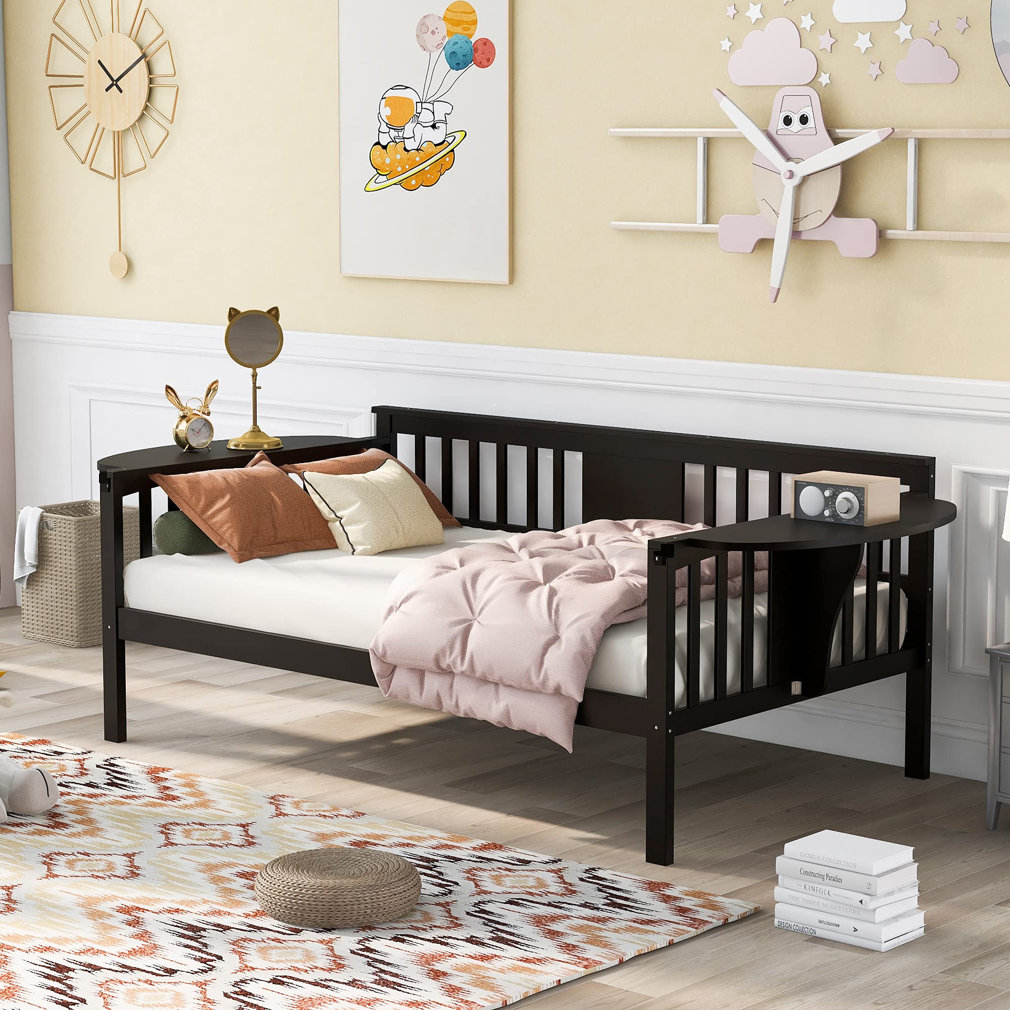 Twin Size Wooden Daybed with 2 Side Tables & 8-Slat Support - No Box Spring Needed - Espresso Finish - Perfect for Guest Rooms, Dormitories & Small Spaces