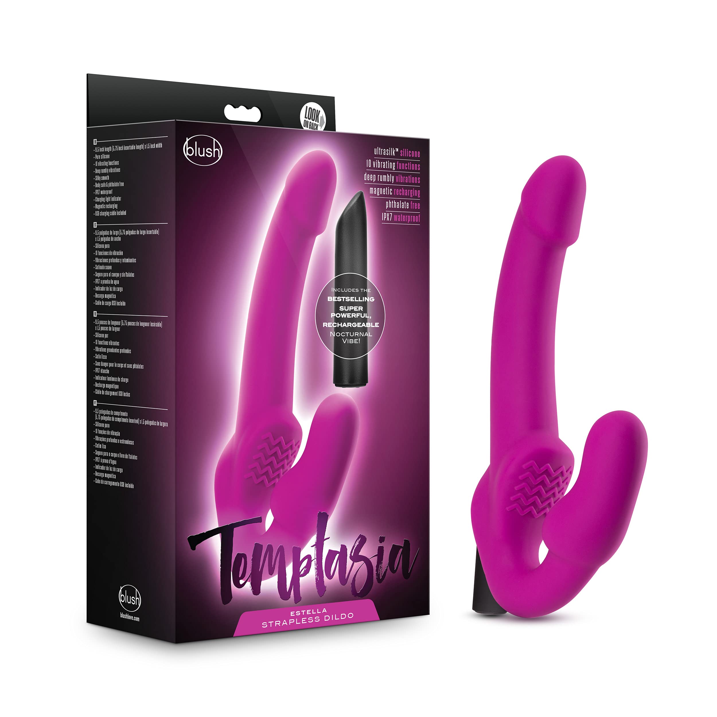 Blush Novelties Temptasia Estella Strapless Silicone Dildo with 10 Powerful Waterproof Vibration Modes - Adult Sex Toy for Women Couples - Perfect for Solo Play, Couples Intimacy & Sensual Exploration (Pink)