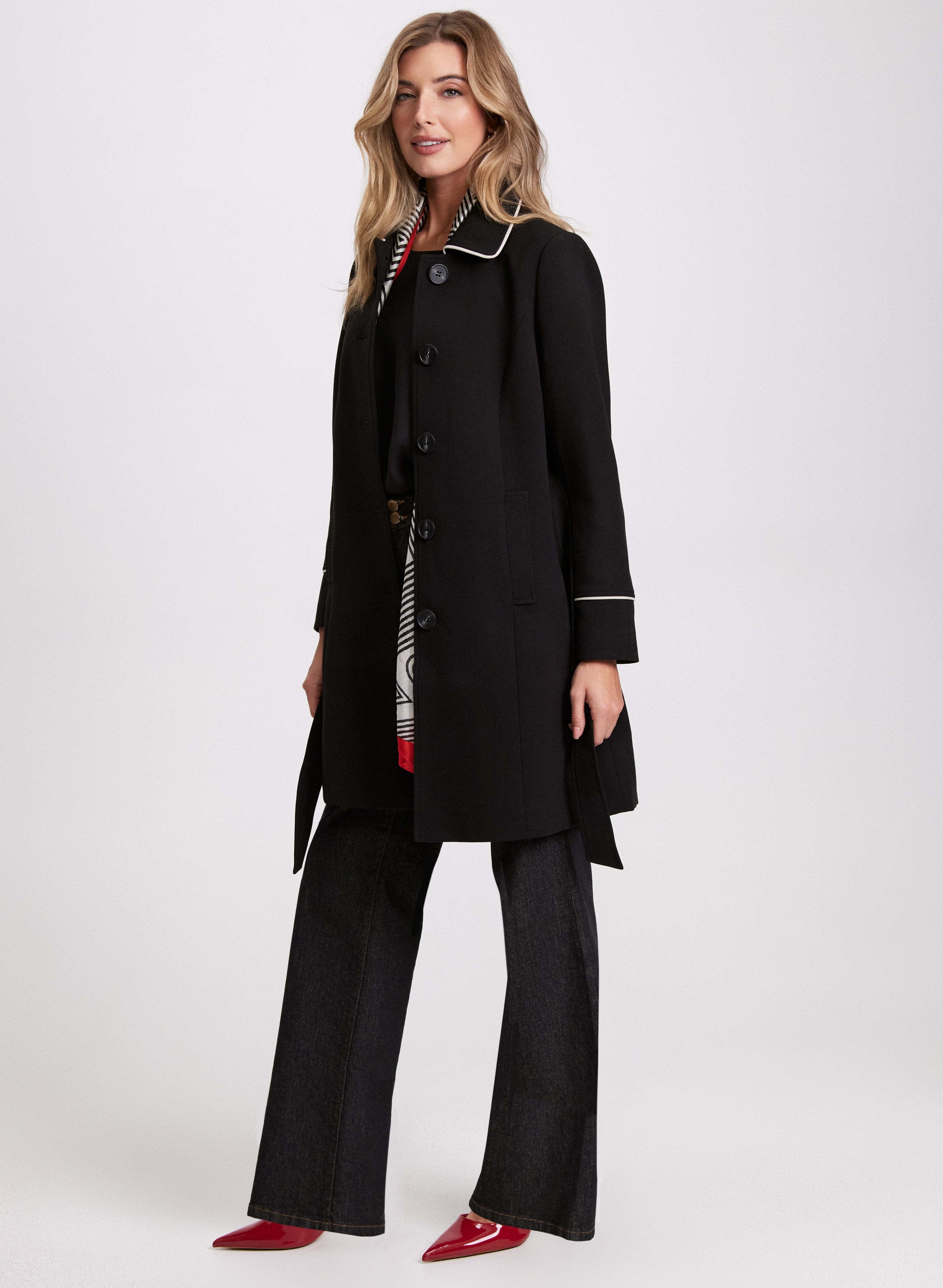 Stylish Contrast Trim Tricotine Coat for Women - Elegant Fall & Winter Outerwear - Perfect for Office, Dating & Special Occasions