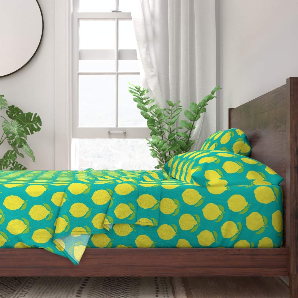 100% Cotton Twin Sheet Set 3-Piece - Lemon Lemonade Fruit Summer Citrus Print Custom Bedding | Soft Breathable Sheets for Summer Bedroom Decor