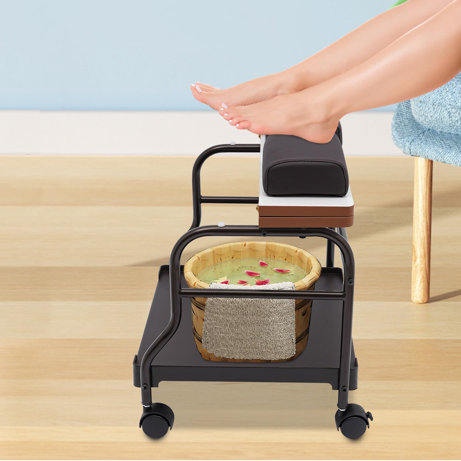 Portable Pedicure Foot Rest Cart - Adjustable Beauty Salon Nail & Foot Spa Trolley for Manicure, Pedicure, Massage | Salon Furniture & Supplies | Coffee Color | Perfect for Home Spa, Nail Salons & Mobile Beauty Services