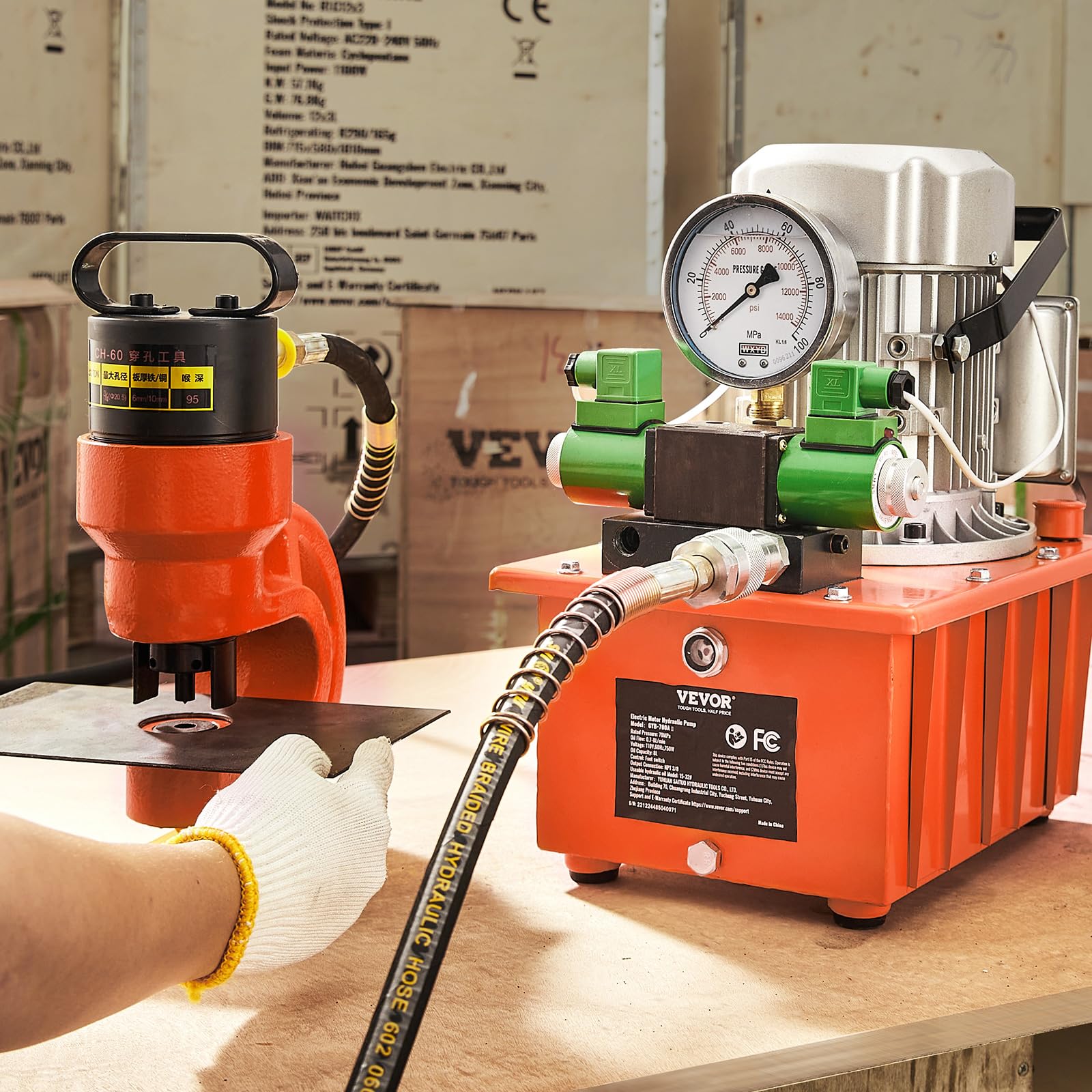 VEVOR 8L Hydraulic Power Pack Unit - Double Acting Solenoid Valve, 488 in³ Capacity, Electric Driven with Foot Pedal Switch for Punch Press, Metal Bending & Hydraulic Jack - Heavy Duty Industrial Use (Orange)