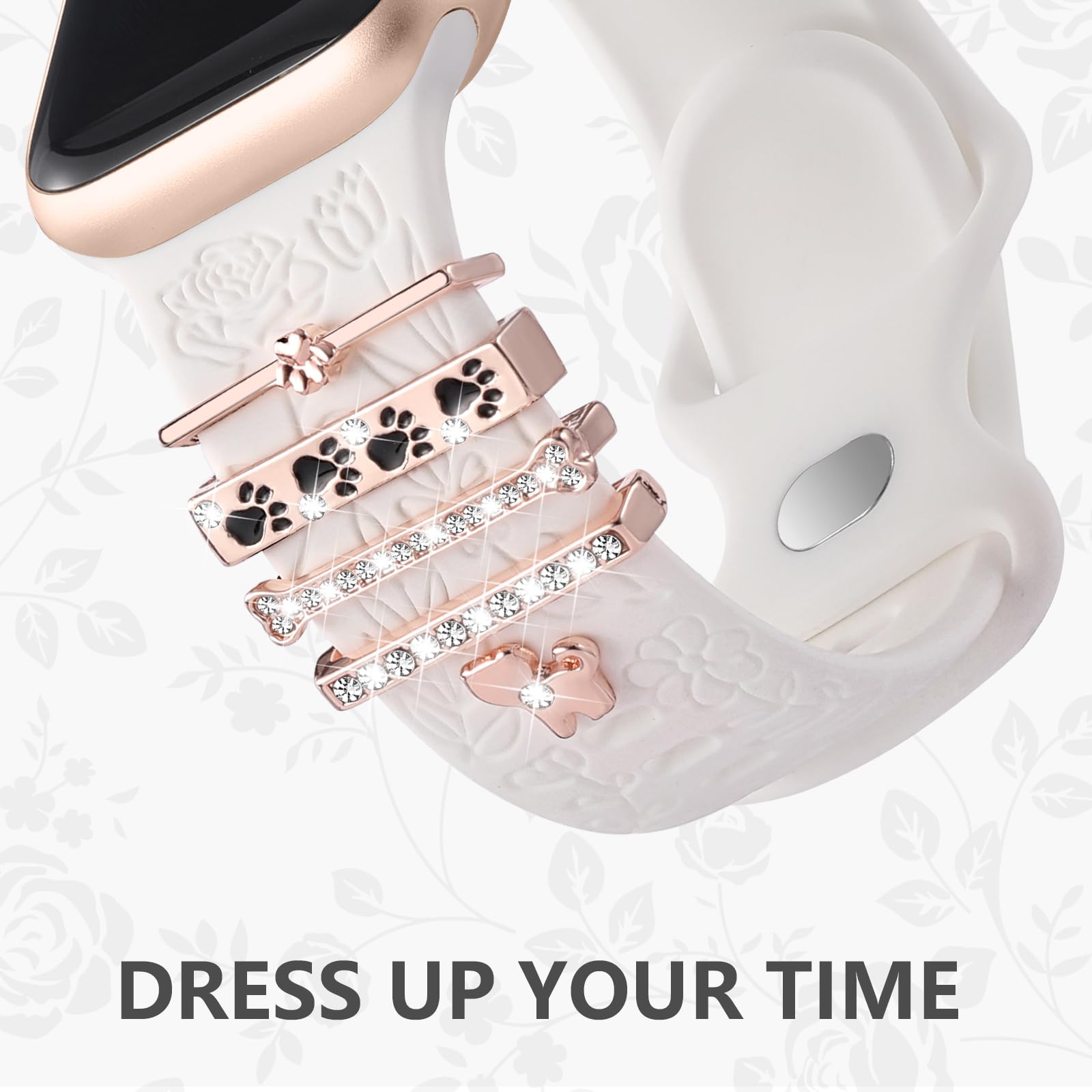 DaQin Floral Engraved Apple Watch Band - Soft Silicone Strap with Charms for Women - Compatible with iWatch Series 9/8/7/6/5/4/3/2/1/SE (38mm/40mm/41mm/42mm/44mm/45mm) - Perfect for Workouts, Office Wear & Fashion Accessories