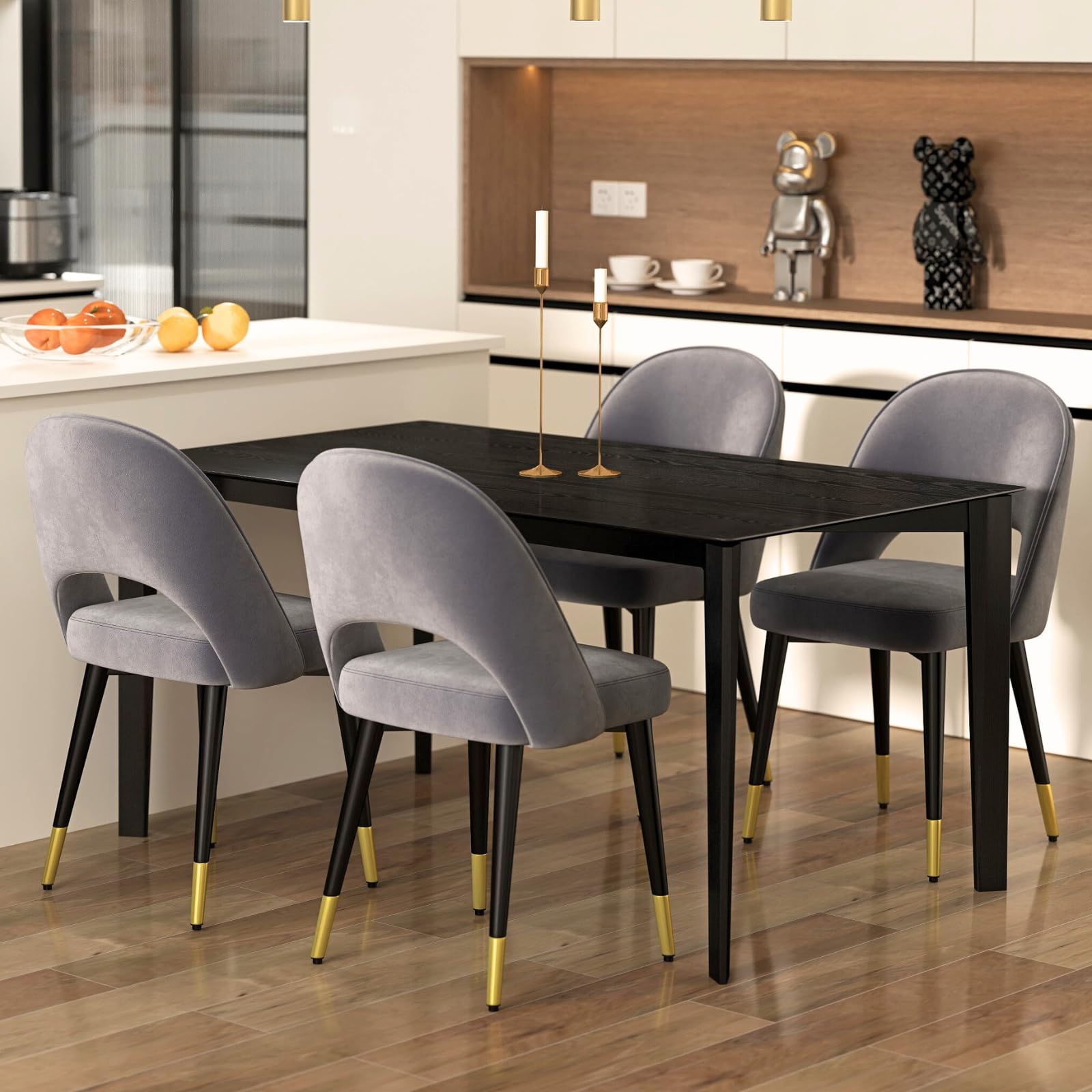 LukeAlon Classic Velvet Dining Chairs Set of 4 - Mid Century Modern Upholstered Armless Side Chairs with Open Back & Metal Legs for Kitchen, Dining Room - Soft Grey Velvet - Perfect for Home Decor, Entertaining & Small Space Dining