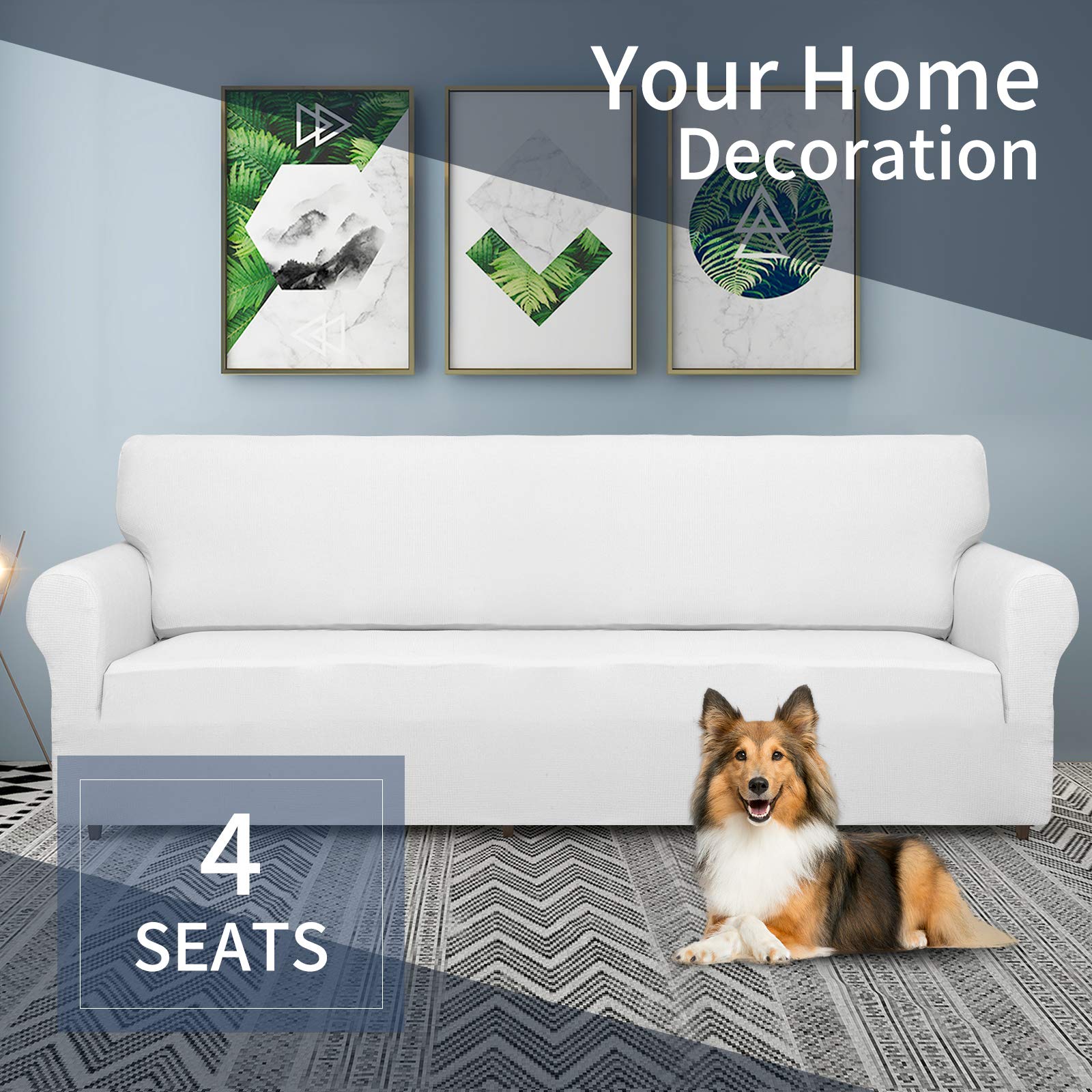 JIVINER High Stretch 3-Cushion Sofa Cover - 1-Piece Extra Large Elastic Slipcover with Anti-Slip Bottom | Furniture Protector for Pets | Perfect for Living Room, Family Room & Pet-Friendly Homes (White, XL)